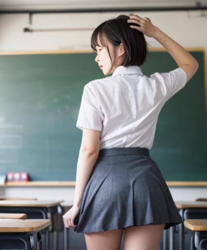 In the school classroom, Pulpit, In front of the blackboard, Back shot, During class, Take off the skirt, , , Bangs, cleavage, Colossal, Suit, Suit girl, cleavage, Chest out, Lace , Teacher with too big, 19 years old, New teacher, Blushing: 1.5), (Sweaty: 1.4), Panchira, Soft, Sweat, Ponytail, Short hair, ((Girl )), Show , embarrassed expression, turn only your face to the side, ((skirt flips in the wind)), snappy buttocks, (surrounded by boys), male gaze, gaze, one girl, ((man is )), super mini tight skirt, (back view of the student looking at the teacher)), holding a pointing stick, chalk, blackboard keshi