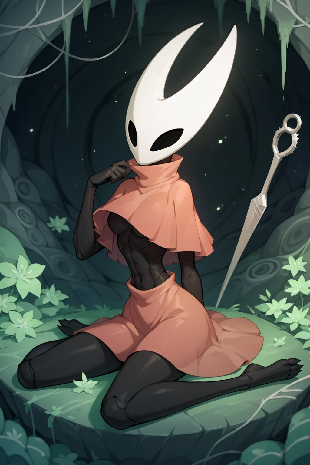 hornet, cute, chibi, no feet, furry girl, abs, slim,anthro, thread, solo,  feet, skinny legs, tall, sits, red tango , Red lace , high, (best quality), (detailed dark cave background:1.2), flat colors, big breasts, no , no , sexy body, (blushes 1.5), underboob, slightly bulging through the , skinny legs, 