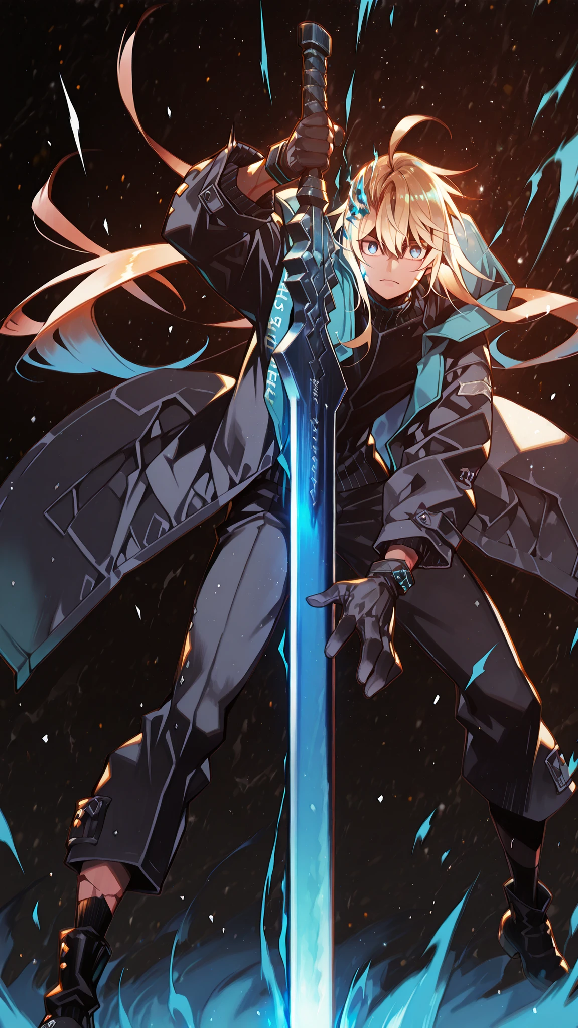 A short and solitary male character, a young teenager about 1.70 meters tall, with a style and aura similar to Amiya from Arknights, but unmistakably masculine.
His face is feminine. His face is feminine.
He has long blonde hair, similar to Sylpha Langlis (but blonde). His hair is styled in the Shikei style and tied into a very long ponytail.
His eyes are visible and bright blue, clearly staring at the viewer. His eyes are bright blue, fully exposed. His eyes are bright blue, fully exposed. His blue eyes are completely visible.
Clothing:
He wears a black turtleneck sweater, black military pants, and black military boots.
Most importantly, he wears a black coat with blue accents, identical in every detail to Amiya’s coat from Arknights — same fabric, cut, blue highlights, length, hood design, zippers, and proportions. The coat fits perfectly, without slipping. Gloves identical to Amiya’s from Arknights.
Pose and Expression:
Black background, attacking stance, body of a young male teenager. Dynamic motion pose: one leg forward, torso slightly twisted, coat and ponytail flowing.
He conjures a large blue flame in one hand while holding an enormous black greatsword with a bright blue blade in the other. The colossal sword looks like stone, cracked, releasing energy from the fractures. The blade is blue. The blade is blue. The blade is blue. The blade is blue. He controls a bright blue flame in his free hand. He controls a bright blue flame in his free hand.
Atmosphere and Style:
Youthful energy. Ultra-detailed, sharp, clean anime style. Deep black background with cinematic lighting emphasizing his short stature and powerful aura. Perfect image, perfect face, perfect eyes, hair styled in Shikei style.
The character is a boy. Male , male , male , male .