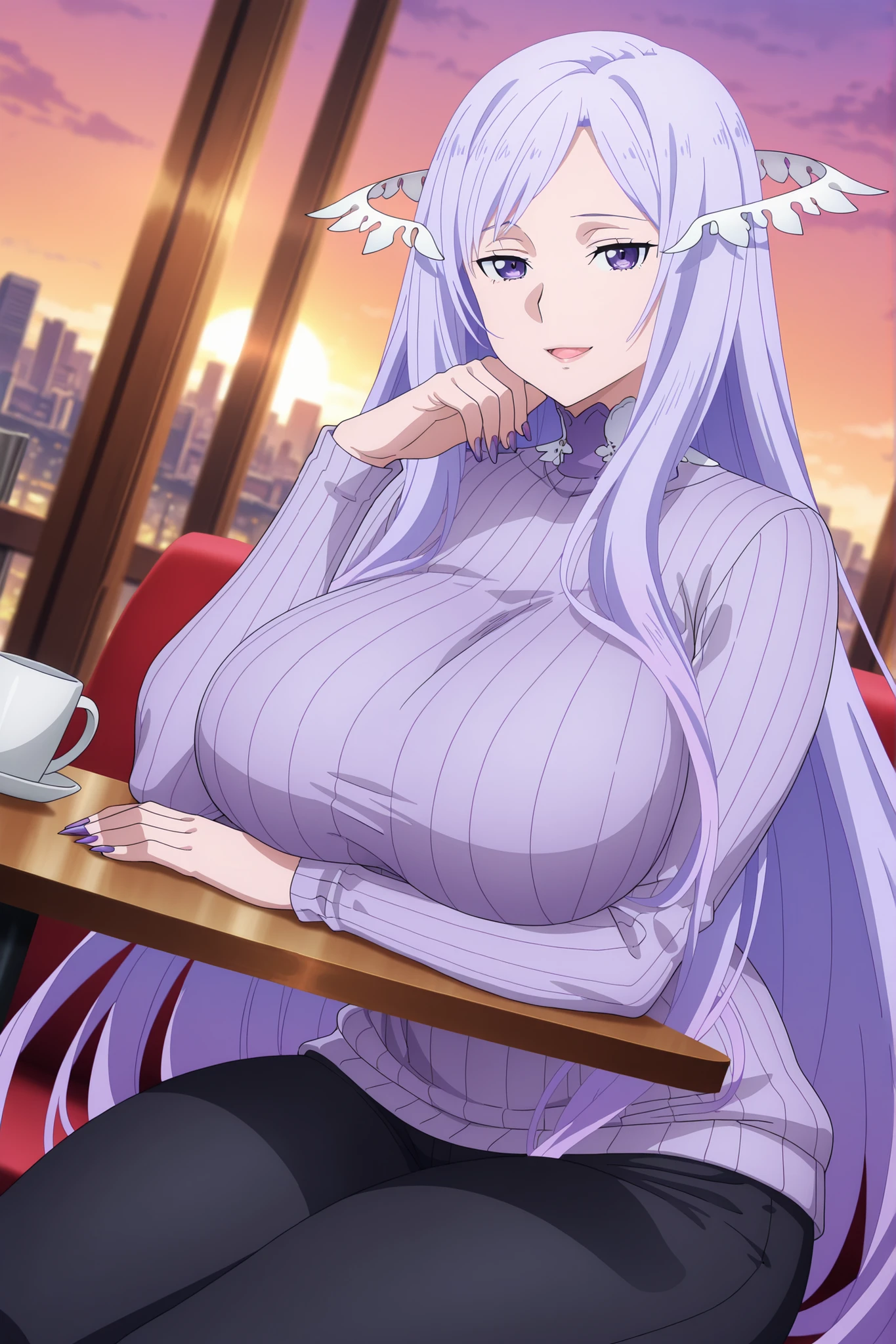 newest , masterpiece , anime screencap , anime coloring , masterpiece, best quality, quinella, 1girl, Mature female, motherly, long hair, purple nails claws, light purple hair, sidelocks, purple eyes, attractive face, ractical body shape, glamorous bodies, attractive bodies, motherly, large Curvy, Slutty, Neat, big breast, huge buttocks, thick thighs, Toned thighs, huge thighs, ((purple turtleneck sweater, black pants,)), sad Smile, Open Mouth, lips, looking at viewer, sitting, cup, elbow rest, table, alone, cowboy shot, dutch angle, city filipino, Sunset,