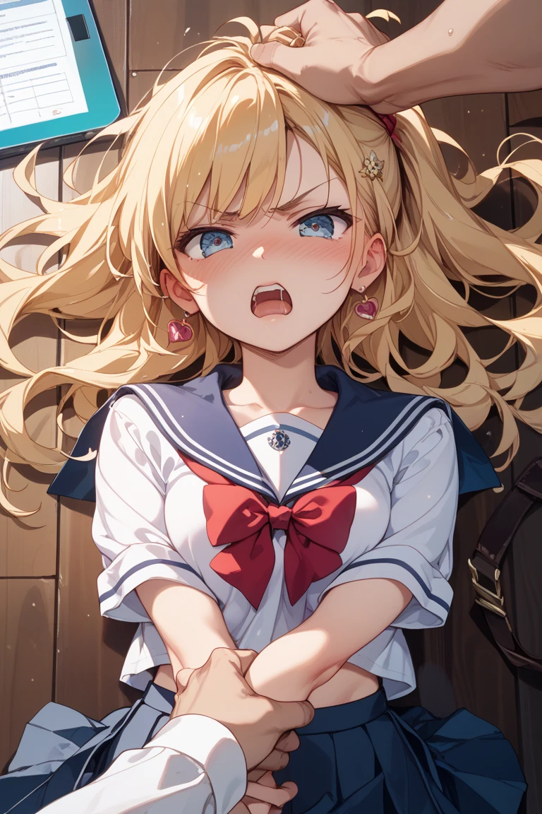 masterpiece, best quality, sunset, cowboy shot, view from above, 1girl, 21 year old girl, blonde hair, long hair, high ponytail, , sitting on bench, crossed legs, white sailor fuku, blue plate skirt, black thigh highs,
middle finger,
IncrsGift, incoming gift,
((looking disgusted)), looking at viewer, red heart eyes,
in the classroom,