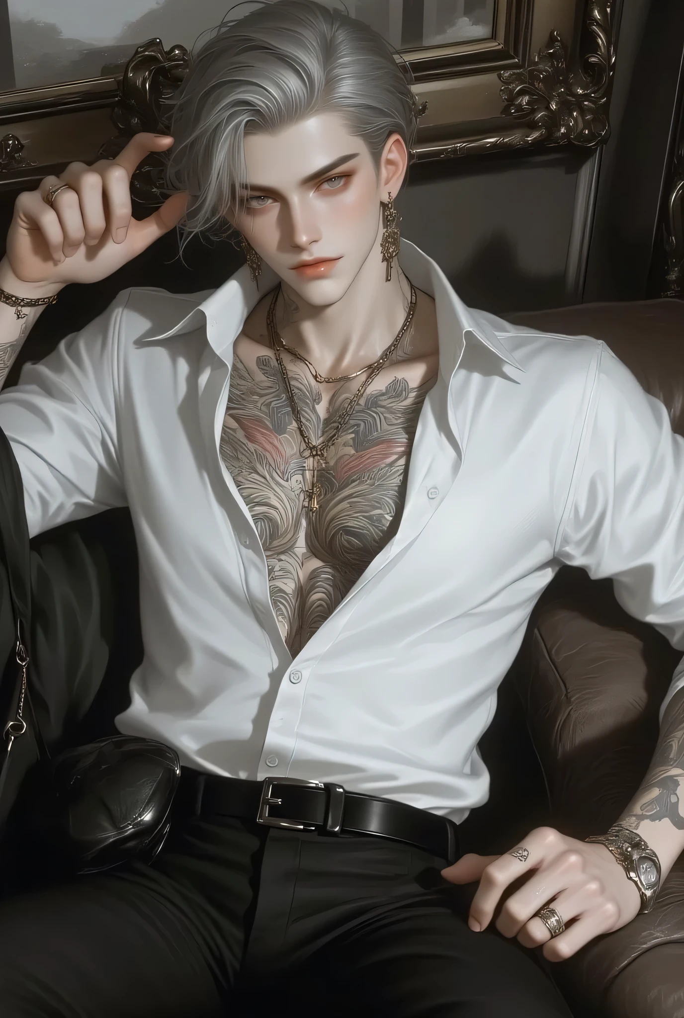 Man 1,About 24 years old, The hair is finely styled with a gray blonde sheen.,ดวง golden eyes, golden eyes,introduces stylish elements. Hair drifts to one side of the head, , with soft lighting highlighting textures and colors. The person wears a three-button unbuttoned shirt.,shirt, revealing the zigzag,has a talisman tattoo character along the body.,black trousers fit, Emphasizing the mafia-like look,. background consists of the living room,sofa,book,furniture,Softness. The neutral tone, , makes the subject stand out noticeably. . The overall composition uses clean lines and light shading., , gives the image a modern look, Look shiny . subjects, the scene and atmosphere of the picture are stylish., With an emphasis on the body and face,, calming, minimalist environment.