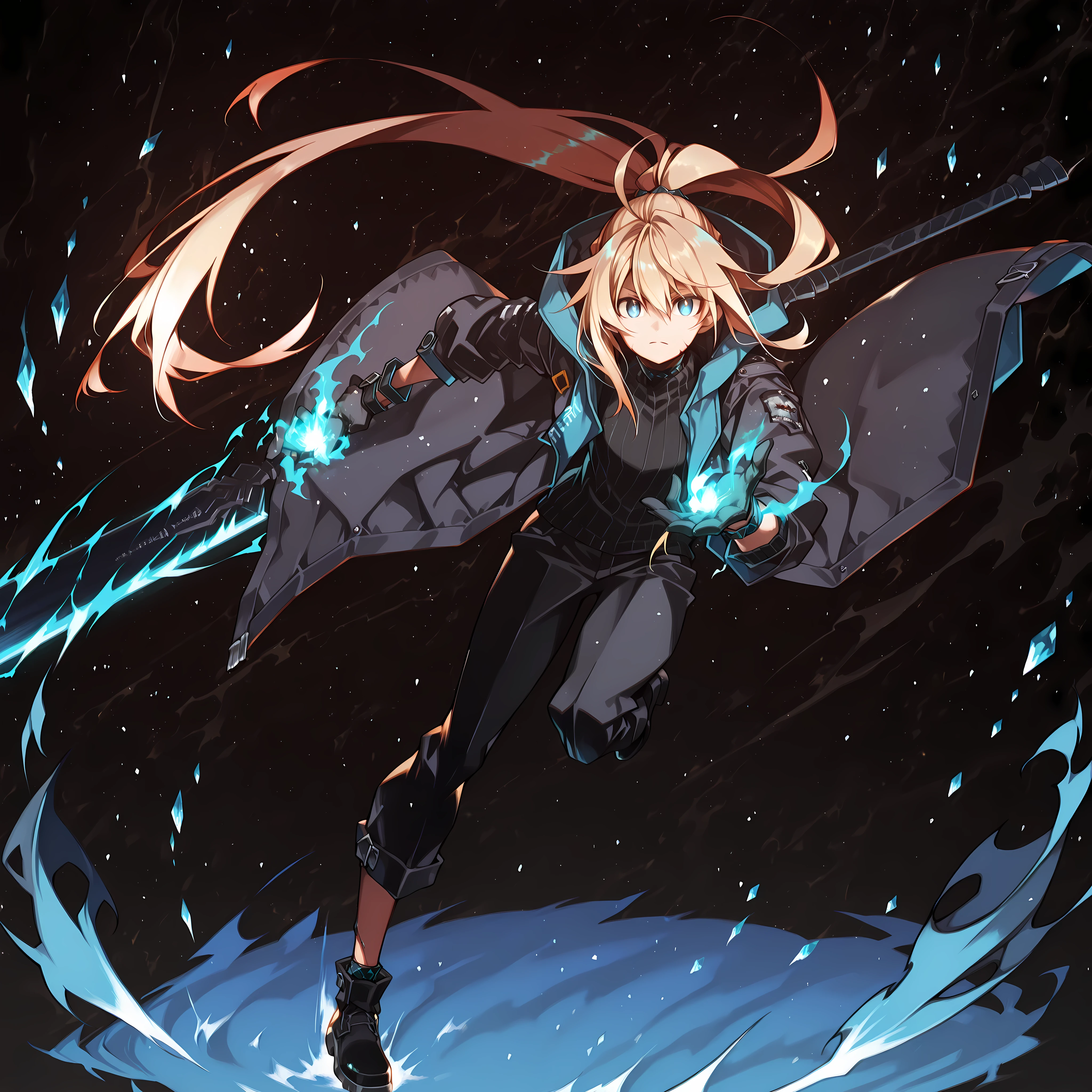 A short and solitary male character, a young teenager about 1.70 meters tall, with a style and aura similar to Amiya from Arknights, but unmistakably masculine. 
His face is feminine. His face is feminine.

He has long blonde hair, similar to Artoria Pendragon (Ruler). His hair is styled in the Shikei style and tied into a very long ponytail.

His eyes are visible and bright blue, clearly staring at the viewer. His eyes are bright blue, fully exposed. His eyes are bright blue, fully exposed. His blue eyes are completely visible.

Clothing:
He wears a black turtleneck sweater, black military pants, and black military boots.
Most importantly, he wears a black coat with blue accents, identical in every detail to Amiya’s coat from Arknights — same fabric, cut, blue highlights, length, hood design, zippers, and proportions. The coat fits perfectly, without slipping. Gloves identical to Amiya’s from Arknights.

Pose and Expression:
Black background, attacking stance, body of a young male teenager. Dynamic motion pose: one leg forward, torso slightly twisted, coat and ponytail flowing.
He conjures a large blue flame in one hand while holding an enormous black greatsword with a bright blue blade in the other. The colossal sword looks like stone, cracked, releasing energy from the fractures. The blade is blue. The blade is blue. The blade is blue. The blade is blue. He controls a bright blue flame in his free hand. He controls a bright blue flame in his free hand.

Atmosphere and Style:
Youthful energy. Ultra-detailed, sharp, clean anime style. Deep black background with cinematic lighting emphasizing his short stature and powerful aura. Perfect image, perfect face, perfect eyes, hair styled in Shikei style.

The character is a boy. Male , male , male , male .