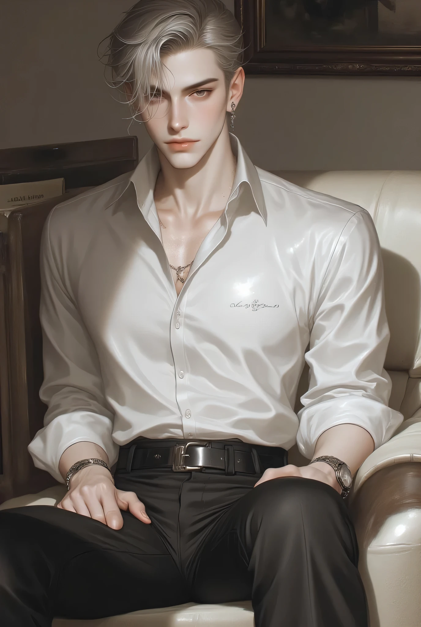 Man 1,About 24 years old, Neatly styled hair with a gray blonde sheen,ดวง golden eyes, golden eyes,introduces stylish elements. Hair drifts to one side of the head, , with soft lighting highlighting textures and colors. . The person wears a double-breasted shirt.,shirt, revealing the zigzag. black trousers fit, emphasizes a friendly look. background consists of the living room,sofa,book,furniture,Softness. The neutral tone, , makes the subject stand out noticeably. . The overall composition uses clean lines and light shading., , gives the image a modern look, Look shiny . subjects, the scene and atmosphere of the picture are stylish., With an emphasis on the body and face,, calming, minimalist environment.