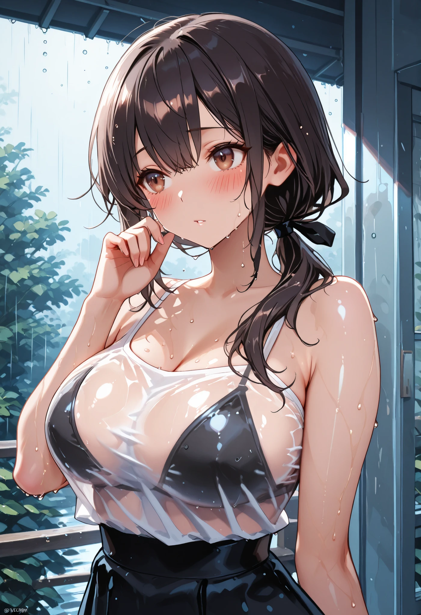 solo、A woman in the rain、wet and see-through clothes、Lonely face、Blush、dark haired、low ponytail、Reddish brown eyes