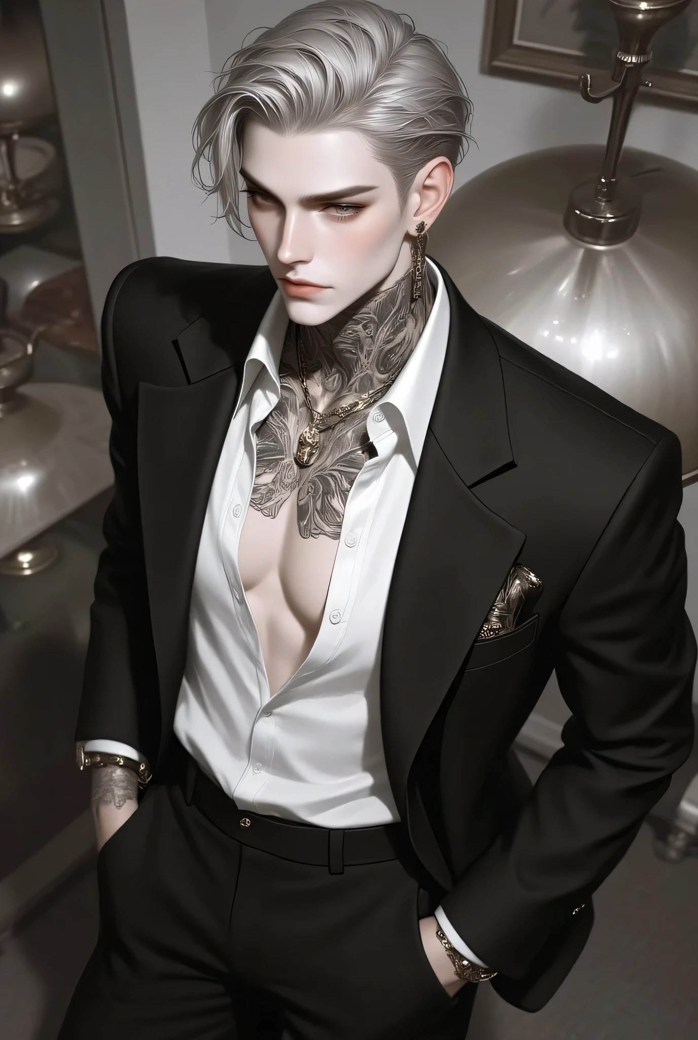 Man 1,About 24 years old, hair neatly styled with sparkles, gray blonde hair,ดวง golden eyes, golden eyes,introduces stylish elements. Hair drifts to one side of the head, , with soft lighting highlighting textures and colors. a prominent person wearing a three-button unbuttoned shirt.,shirt, revealing the zigzag,There is a stylish talisman tattoo character,black trousers fit, accentuating the mafia-like look, elegant standing. . The background consists of a living room,sofa,book,furniture,Softness. The neutral tone, , makes the subject stand out noticeably. . The overall composition uses clean lines and light shading., , gives the image a modern look, Look shiny . subjects, the scene and atmosphere of the picture are stylish., With an emphasis on the body and face,, calming, minimalist environment.