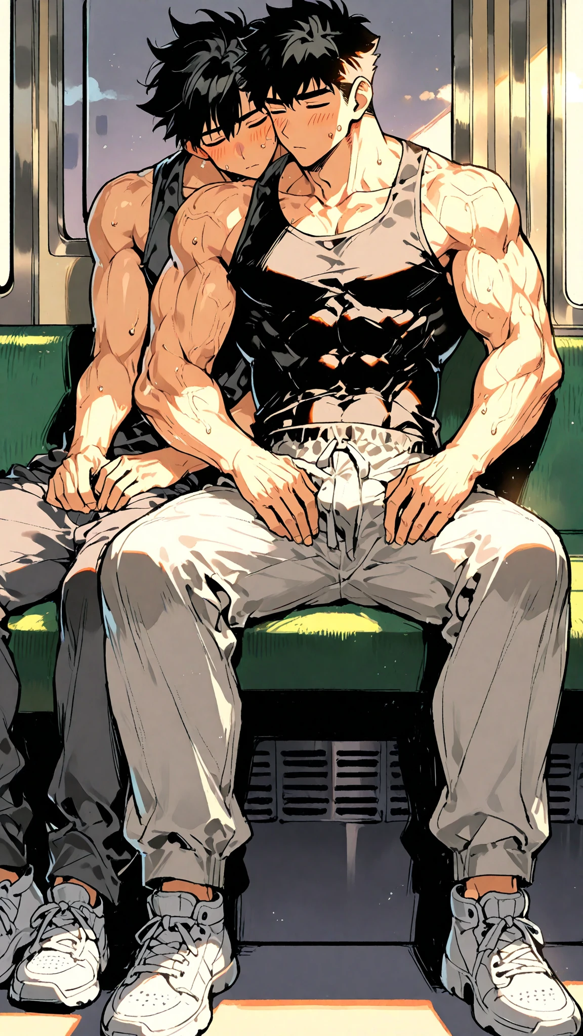 Two anime muscle guys with defined abs and pecs wearing a silver chain necklace, with stubble and scruffy brown hair. One of them is lying down while the other is sitting on top of his . The man lying down's  is deep inside the  of the man sitting on it, while they are both orgasming. They are shooting  all over themselves. He is wearing a wet white skin tight shirt and white socks. Their expressions are beyond ecstatic and their faces are blushing as they are orgasming intensely, shooting thick ropes of  all over themselves