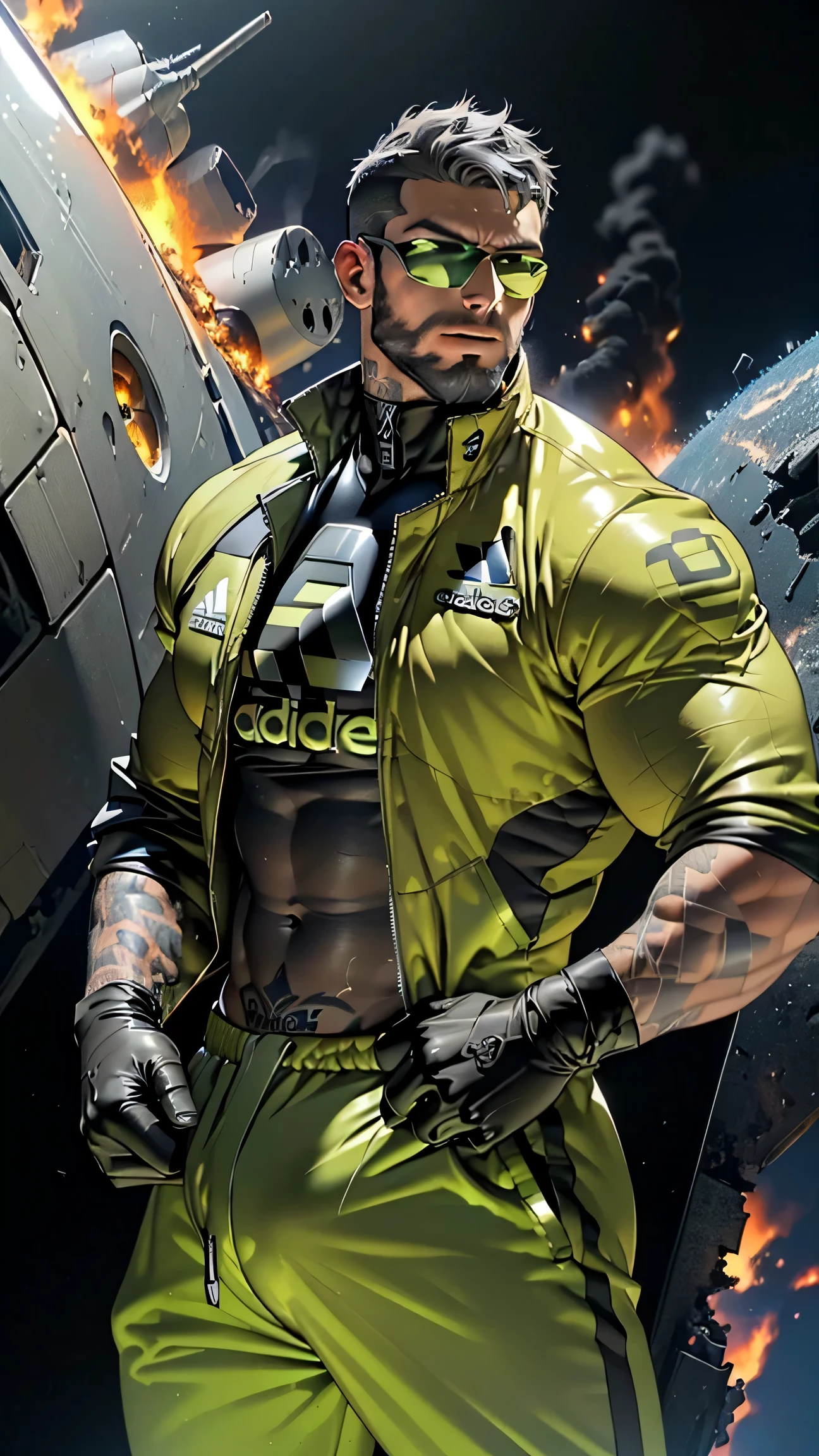 <lora:SIlverjowStyle_FLUX:1.5>
a muscular man is  only wore Master Chief helmet.He is wearing  s a set of military-style clothing, consisting of a long-sleeved shirt and pants. The shirt is a light beige color with a high collar and a zipper on the left side. The fabric appears to be lightweight and breathable.His clothstyle seems to be bottomless.He wears super-short pants.The whole image seems explict.