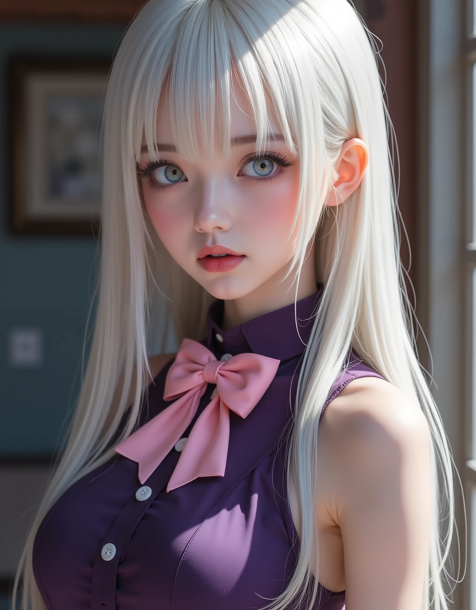 close up (hyperrealistic) by Elizabeth Liones,((white hair)),ultra-detailed eyes with ((heterochromia)) yellow gold and blue,emphasized bust,her outfit is a tight sleeveless dark purple shirt with its back exposed with white buttons,Wear a (pink bow tie),He wears his ((bare shoulders)),(RAW photo),(photorealistic),(hyperrealistic),(masterpiece),(High Quality),(definition 8k ),(clothing),(resolución absoluta),(exquisite details),(hdr), estilo hyperrealistic,iridescent effects,background with heavenly atmosphere,cinematic lighting,dynamic contrast of light and shadow