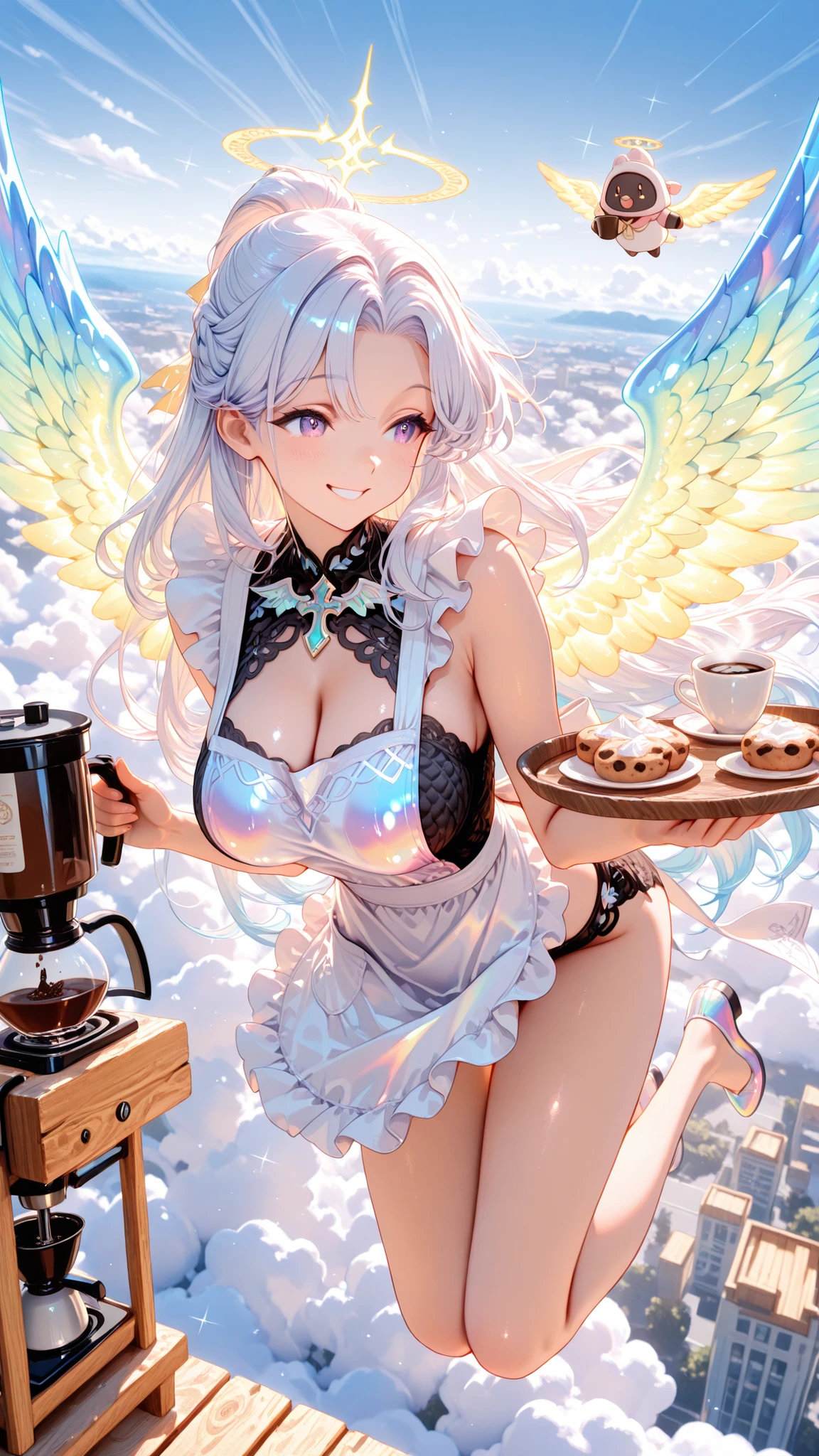 masterpiece, best quality, high resolution, 32k,the world view of sweet magic、(1girl)( azur white long half updo long hair face-framing layers, curled tips, glossy texture, hair,white  apron,halo,  breast knit curtains, holding a coffee,wood tray,pure smile ( iridescent luminous Archangel wings ) ) 、（cafe  ,coffee,coffee cup,coffee maker,baking cookies,coffee delivery,outdoor) ,(sparkle eye) , (, Hawaii city below , midair , flying , leaning forward , prone position  , legs extended backward , above clouds , full body )cute anime-style illustration。happy ,cleavage,large breasts,(small face:1.2),Dutch angle , looking away