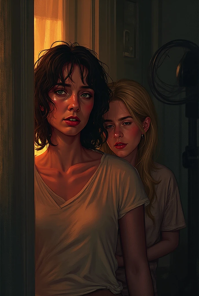 Black-haired woman shot to death lying on the lap of a brown-haired woman with prescription glasses who is crying and next to a blonde woman with green eyes who also cries a lot. cinematic.