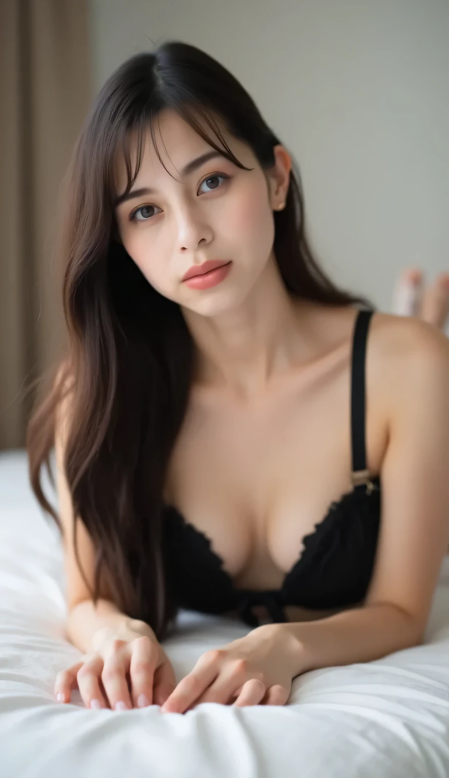 an adult woman,  lying on the bedroom mattress, berpose sexy, suasana erotis, wajah ekspresi sexy, dada menggantung, face looking at camera, wear black satin camisole, camisole with ribbon strap, Camisole up to the waist, kalung bondage,  underwearless,  side model hair , rambut hitam, dada besar, 