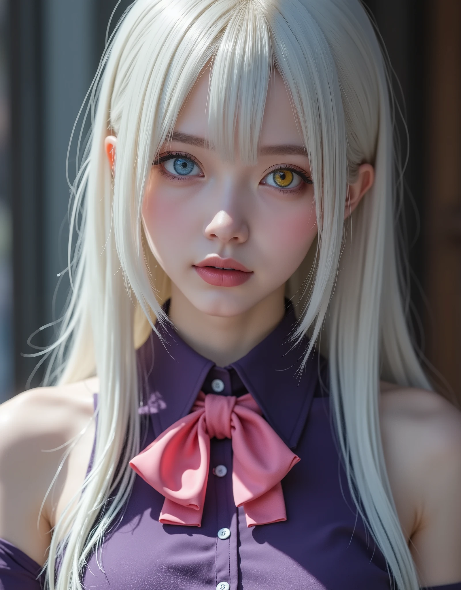 close up (hyperrealistic) Elizabeth Liones' Seven Deadly Sins,((white hair)),ultra-detailed eyes with ((heterochromia)) yellow gold and blue,emphasized bust,her outfit is a tight sleeveless dark purple shirt with its back exposed with white buttons,Wear a (pink bow tie),He wears his ((bare shoulders)),(RAW photo),(photorealistic),(masterpiece),(High Quality),(definition 8k ),(clothing),estilo hyperrealistic, surreal background, cinematic lighting