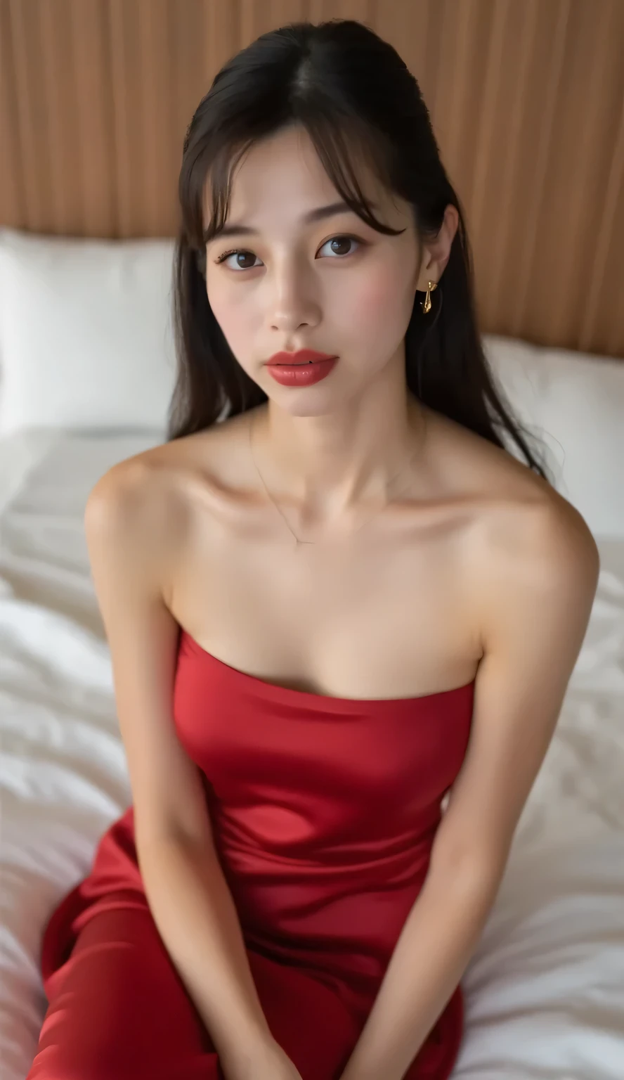 A teenage woman,  sitting on a luxury bedroom mattress,  body facing the camera,  POV from front of body,  eyes looking towards the camera,  wear dress tube satin material merah, gaun sampai paha, lengan telanjang, bahu telanjang, low ponytail hair in black,  dada besar,  lipstik merah tua