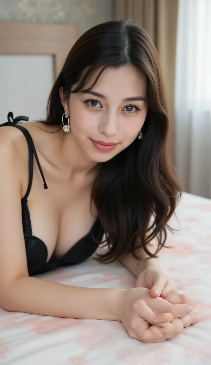 an adult woman,  lying on the bedroom mattress, berpose sexy, suasana erotis, wajah ekspresi sexy, dada menggantung, face looking at camera, wear black satin camisole, camisole with ribbon strap, Camisole up to the waist, kalung bondage,  underwearless,  side model hair , rambut hitam, dada besar, 