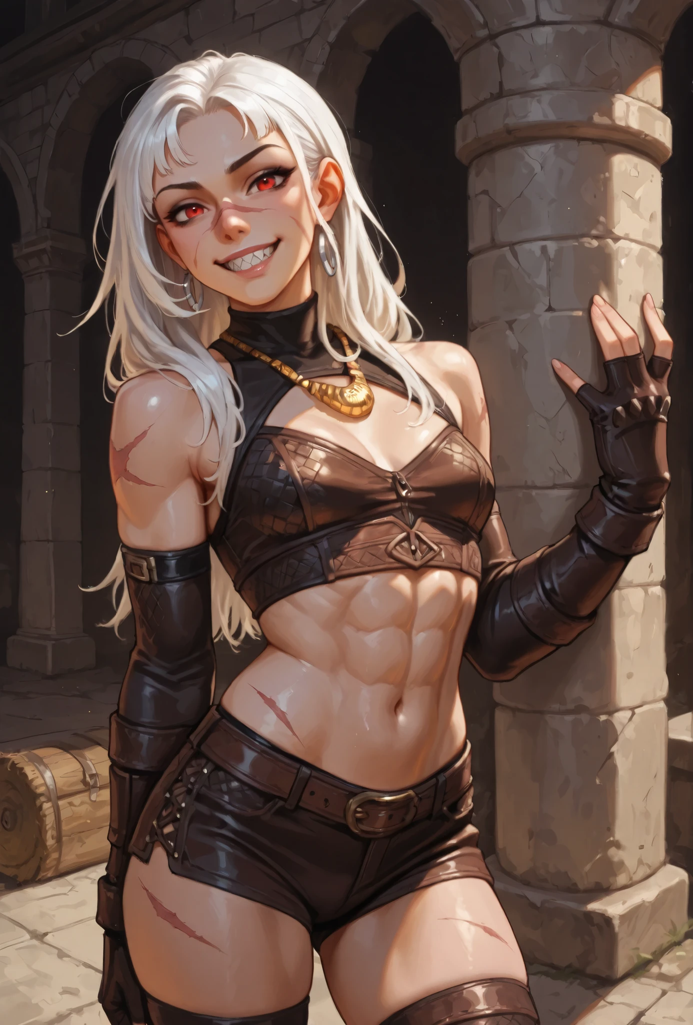 She looks like a mix of Cammy and Elena from Streetfighter VI and has a horizontal scar across her nose. Sleek body and sleek face. She has long white dreadlocks with black highlights and silver pearls, red eyes, slanted Asian eyes, sharp teeth, black eyeliner, athletic body. Slender and athletic with abs. B-cup. Cute and broad nose. Cute, round and young face. White highlights in her hair. Her leather clothing has a snakeskin-pattern. She also wears an amber necklace, a ripped brown leather top and a brown leather hotpants, ripped brown opera gloves. She has a beaming smile on her face. Atmospheric lighting. Looking at the viewer. Background: jungle background, hdr colours, semi-realistic,