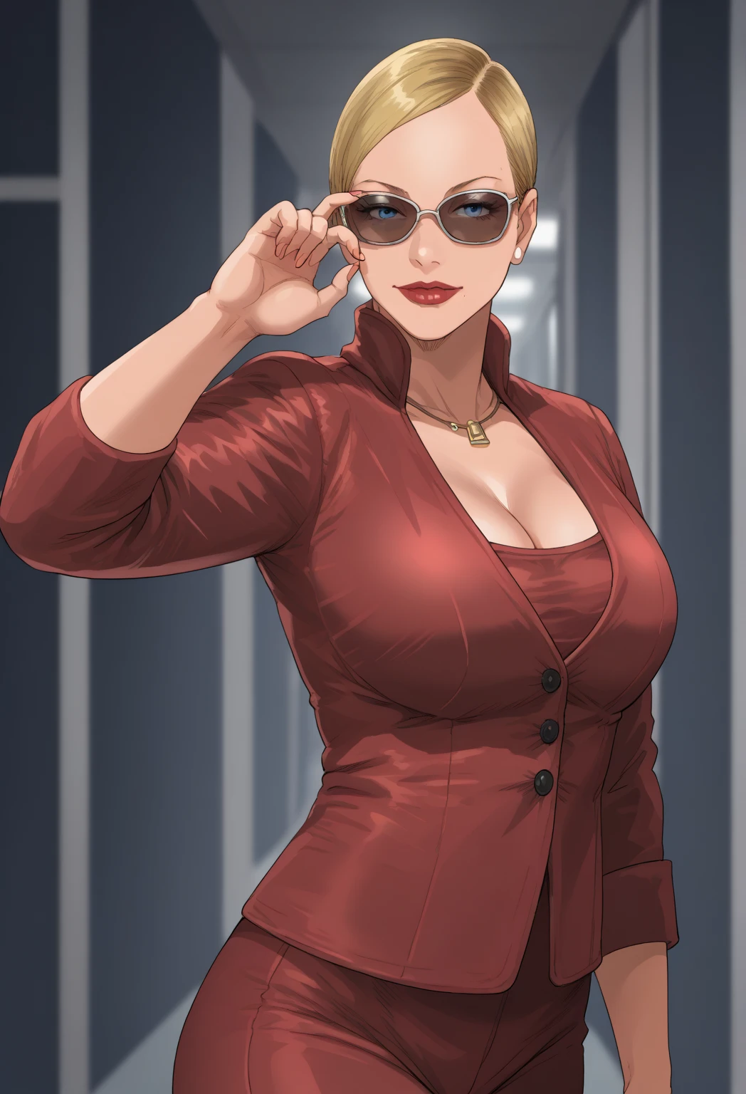 T-XSDXL,solo,1girl,medium sleek straight angled bob cut hairstyle,blue eyes,blonde hair,cleavage,jewelry,jacket,bell-bottoms trousers,flares trousers,necklace,lips,formal,suit,lipstick,large breasts,are expressionless,Empty look,sadistic smile,aviator sunglasses,wears large wide long paisley scarf on her neck,left hand on hip,right hand in lips,shush,be quiet,be quiet gesture,finger on lip,shush gesture