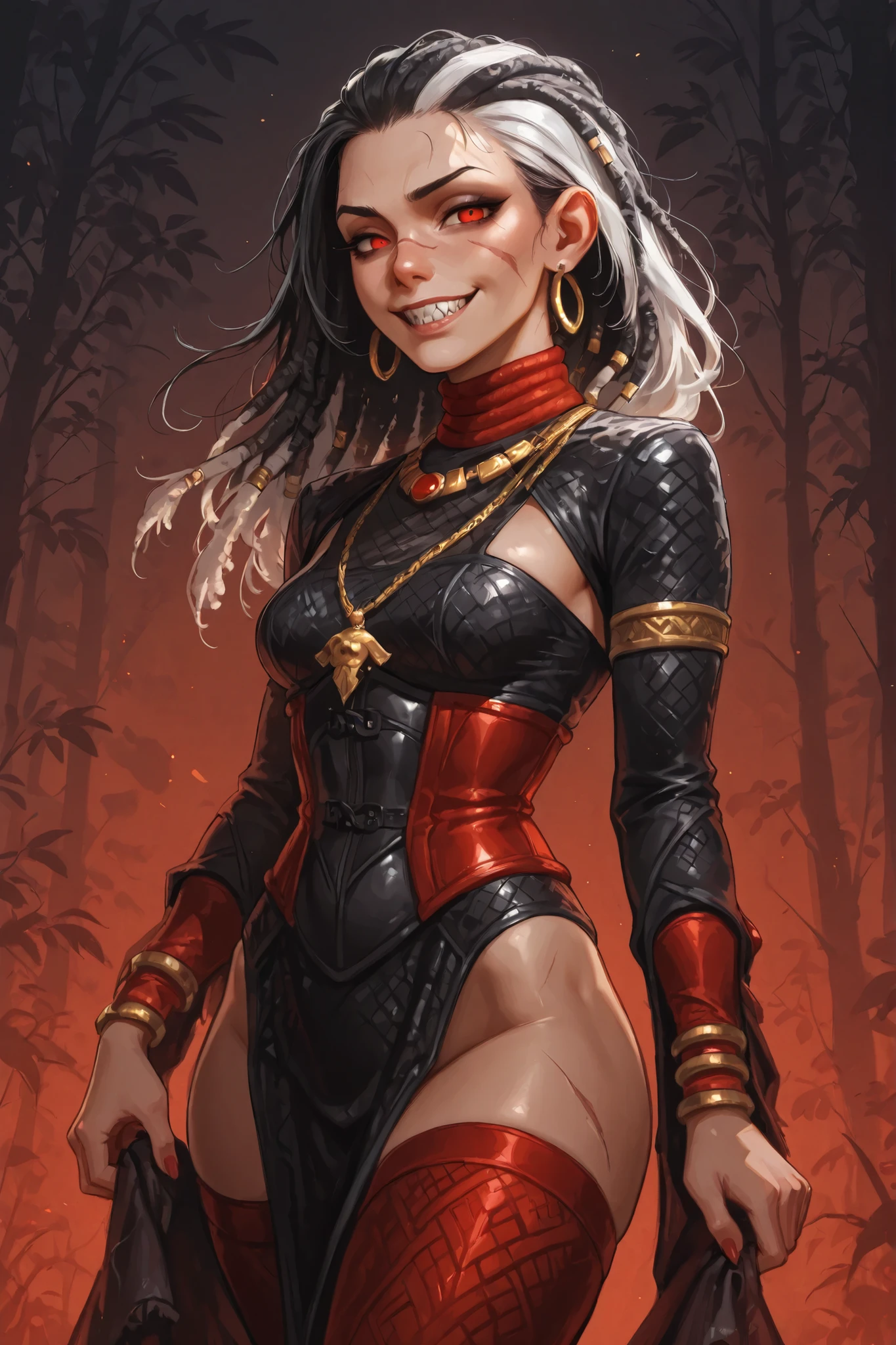 She looks like a mix of Cammy and Elena from Streetfighter VI and has a horizontal scar across her nose. Sleek body and sleek face. Make the head smaller. She has long white and black dreadlocks, red eyes, slanted Asian eyes, sharp teeth, black eyeliner, athletic body. Slender and athletic with abs. B-cup. Cute, round and young face and a cute, broad nose. White highlights in her hair. Her leather clothing has a snakeskin-pattern. She also wears an amber necklace, a sleek black and red leather dress with corset, wide and long sleeves and a trailing skirt, and sleek black opera gloves. She has a beaming smile on her face. Atmospheric lighting. Looking at the viewer. Background: jungle background, hdr colours, semi-realistic,