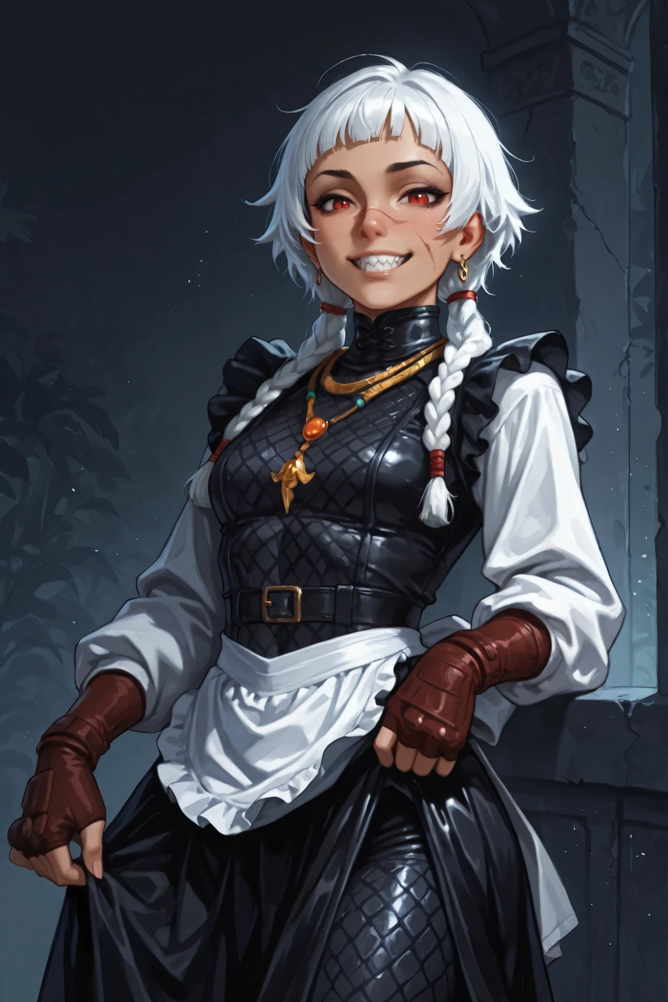 She looks like a mix of Cammy and Elena from Streetfighter VI and has a horizontal scar across her nose. Sleek body and sleek face. She has long white and black dreadlocks,, red eyes, slanted Asian eyes, sharp teeth, black eyeliner, athletic body. Slender and athletic with abs. B-cup. Cute and broad nose. Cute, round and young face, cute and broad nose. White highlights in her hair. Her leather clothing has a snakeskin-pattern. She also wears an amber necklace, a sleek black maid-dress made of leather with snakeskin-pattern, leather gloves, and a white apron and white silk shirt. The dress has a snakeskin-pattern all over. She has a beaming smile on her face. Atmospheric lighting. Looking at the viewer. Background: jungle background, hdr colours, semi-realistic,