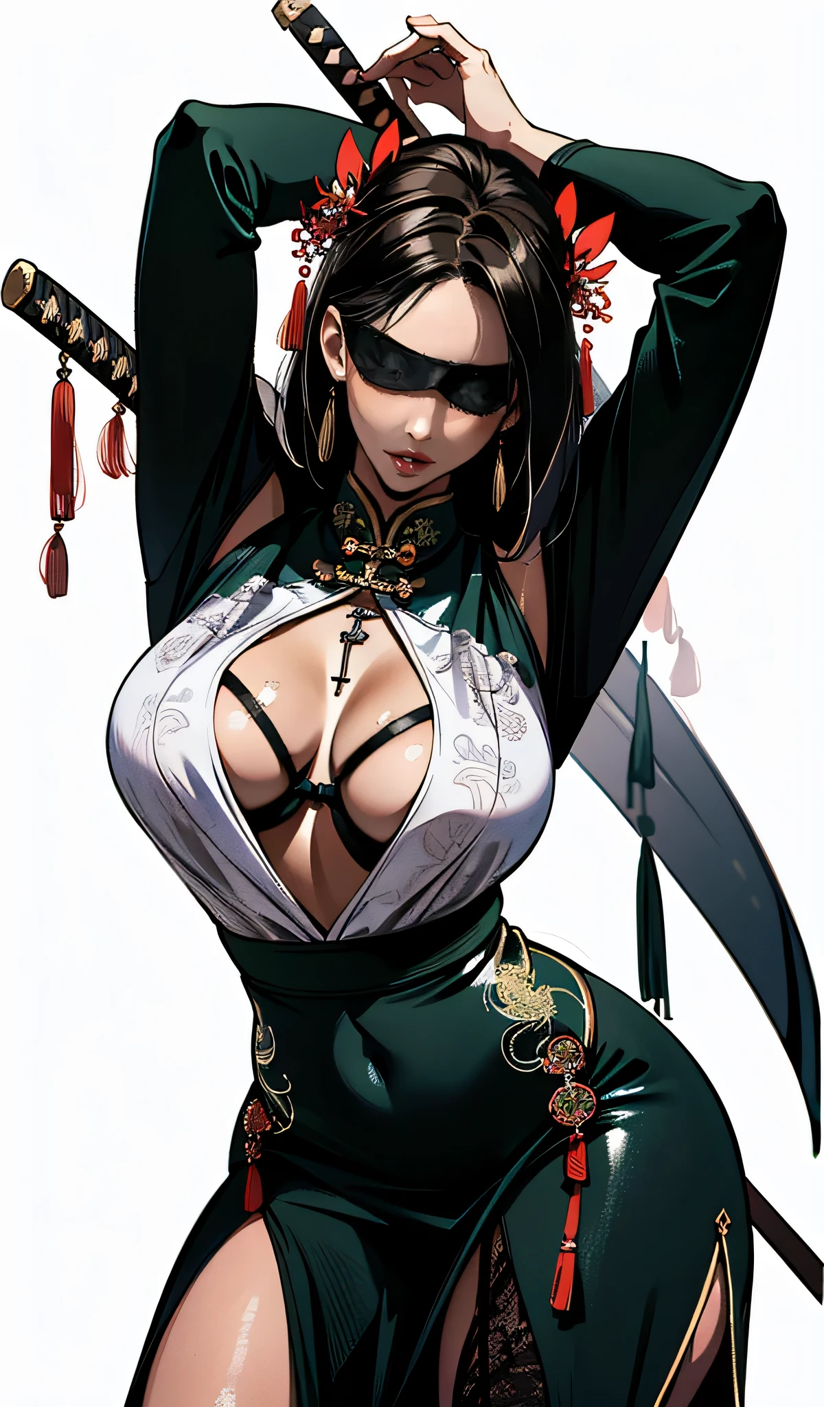 (absurdres, highres, super high resolution), trending on Art Station and Pixive, (solo), (1girl:1.5), ((white background))), ((Remove background figures)), (((Background character creation prohibited))), ((( visible chest bone ))), (((Big breasts))), side slit skirt, Chinese Three Kingdoms dress costume, fishnet stockings, Samurai girl, lingerie for beautiful women, Garter Belts, lips, open mouth, Chinese dress, colorful hair ornaments, metal jewelry , ((Great sword)), ((medieval knight standing next to a)), (((Blindfold )))