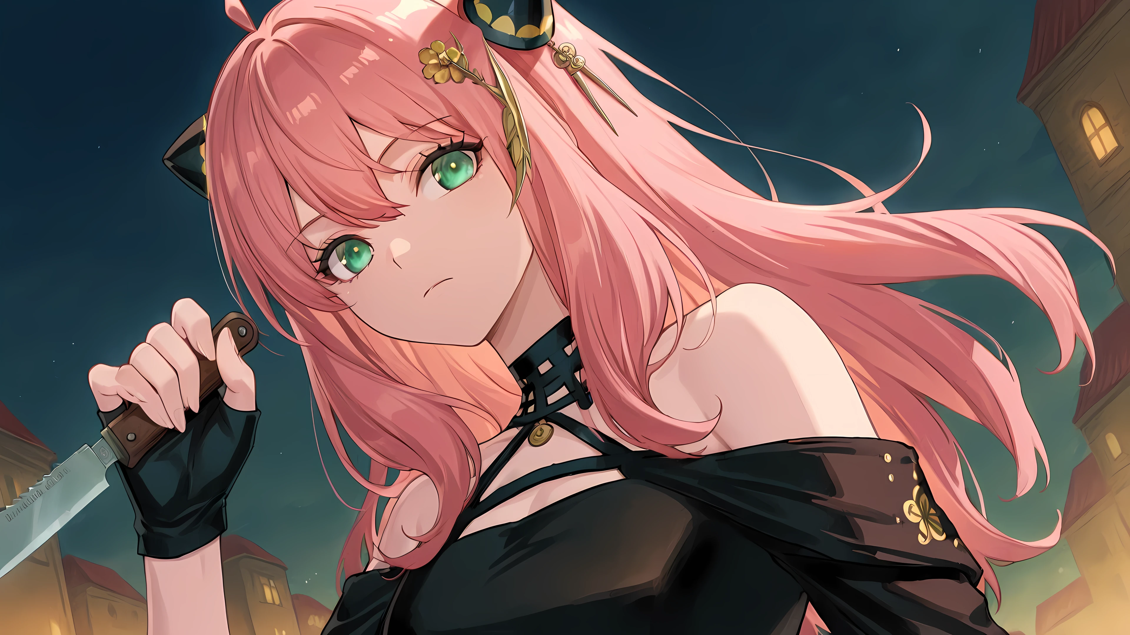 anime, 1girl, solo, zzAnya, green eyes, hair between eyes, ahoge, pink hair, long hair, hair ornament, hairpods, gold hairband, hair flower, black choker, black dress, sleeveless, off shoulder, floral print, fingerless gloves, holding knife, night, low angle, expressionless, sideview,