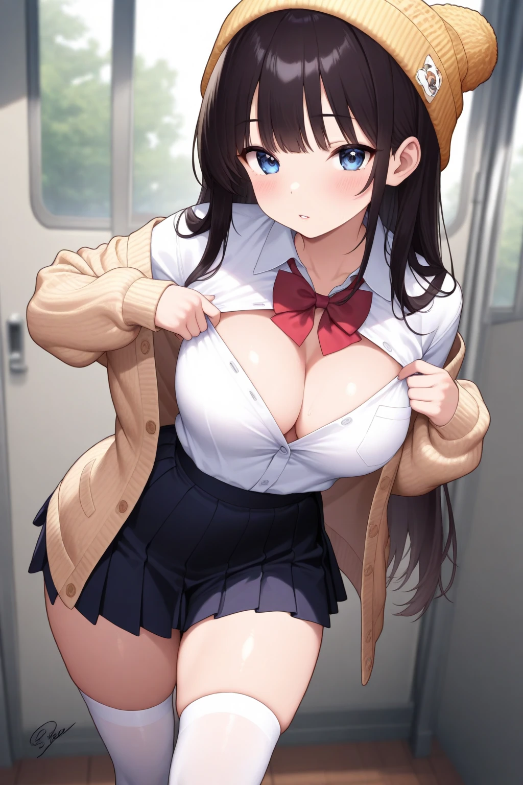 (highest quality:1.4)、High resolution、Detailed Background、(Detailed beautiful face:1.4)、Anatomically correct、(Depict the normal number of fingers:1.2)、(Detailed facial expressions)、Realistic、Beautiful fingers、Beautiful, smooth skin、Teenage beauty、(Huge :1.3)、Perfect body line、Attractive thighs、brown hair、cute hair color、Braided long hair、Show off your attractive armpits、Accentuate your breasts、Accentuate your cleavage、Excited、(Underboob:1.3)、pink and black lace panties、No bra、Cowboy Shot、(Inside the plane、in flight、Sailor suit)、detailed description of panties、

(The two beautiful girls lifted their skirts to show us their panties.:1.cited expression、Happy expression、sexual expression、Panty Shot、cute、cameltoe
