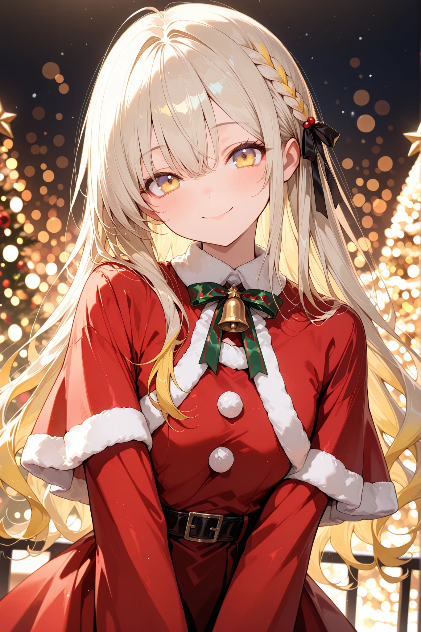 Masterpiece, high quality, ultra-detailed, super high resolution, bokeh, perfect anatomy, perfect detail,
1girl, light ash hair, lemonyellow two tone hair, long hair, single side braid, large black ribbon at braid start, light golden eyes, mischievous smile, ((cute, 可愛い)), santa clothes, christmas, x-mas,