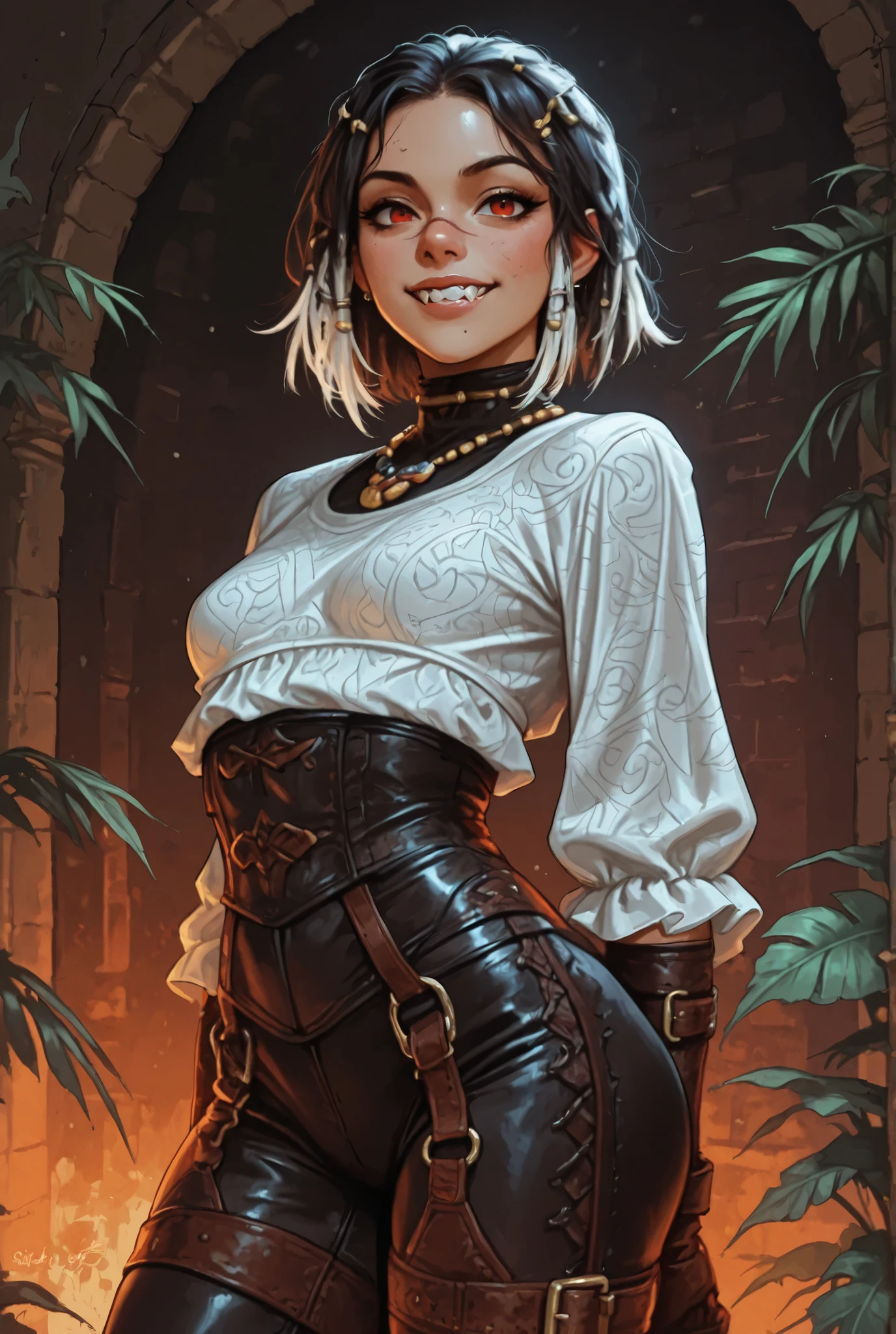 She looks like a mix of Cammy and Elena from Streetfighter VI and has a horizontal scar across her nose. Sleek body and sleek face. She has long white and black dreadlocks,, red eyes, slanted Asian eyes, sharp teeth, black eyeliner, athletic body. Slender and athletic with abs. B-cup. Cute, broad nose. Cute, round and young face. White highlights in her hair. Her leather clothing has a snakeskin-pattern. She also wears an amber necklace, a sleek black leather pants with brown lacing, and brown garter-belt, and a brown leather corset with belts, she also wears a white silk shirt, and brown gloves. She has a beaming smile on her face. Atmospheric lighting. Looking at the viewer. Background: jungle background, hdr colours, semi-realistic,