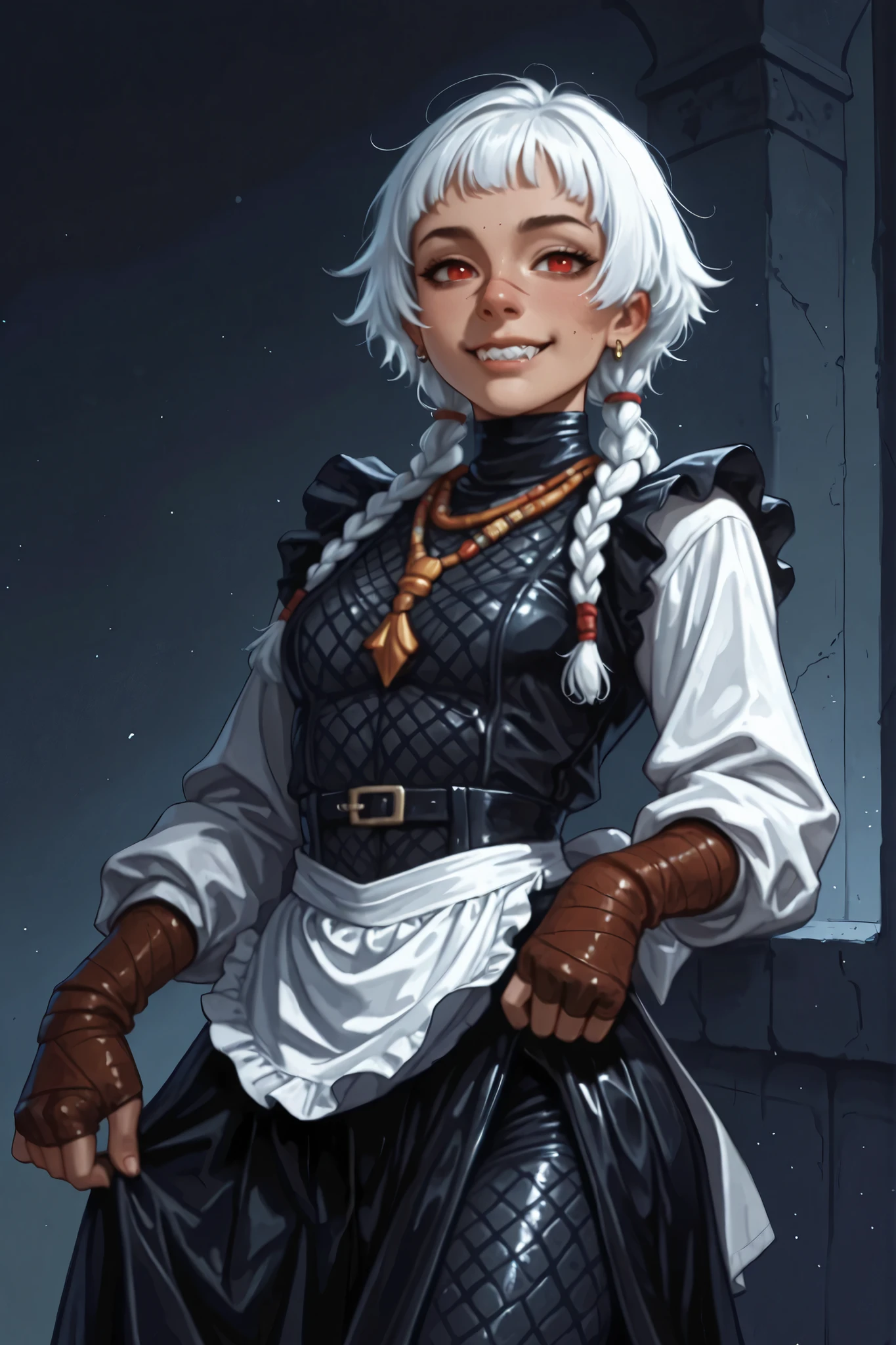 She looks like a mix of Cammy and Elena from Streetfighter VI and has a horizontal scar across her nose. Sleek body and sleek face. She has long white and black dreadlocks,, red eyes, slanted Asian eyes, sharp teeth, black eyeliner, athletic body. Slender and athletic with abs. B-cup. Cute and broad nose. Cute, round and young face, cute and broad nose. White highlights in her hair. Her leather clothing has a snakeskin-pattern. She also wears an amber necklace, a sleek black maid-dress made of leather with snakeskin-pattern, leather gloves, and a white apron and white silk shirt. The dress has a snakeskin-pattern all over. She has a beaming smile on her face. Atmospheric lighting. Looking at the viewer. Background: jungle background, hdr colours, semi-realistic,