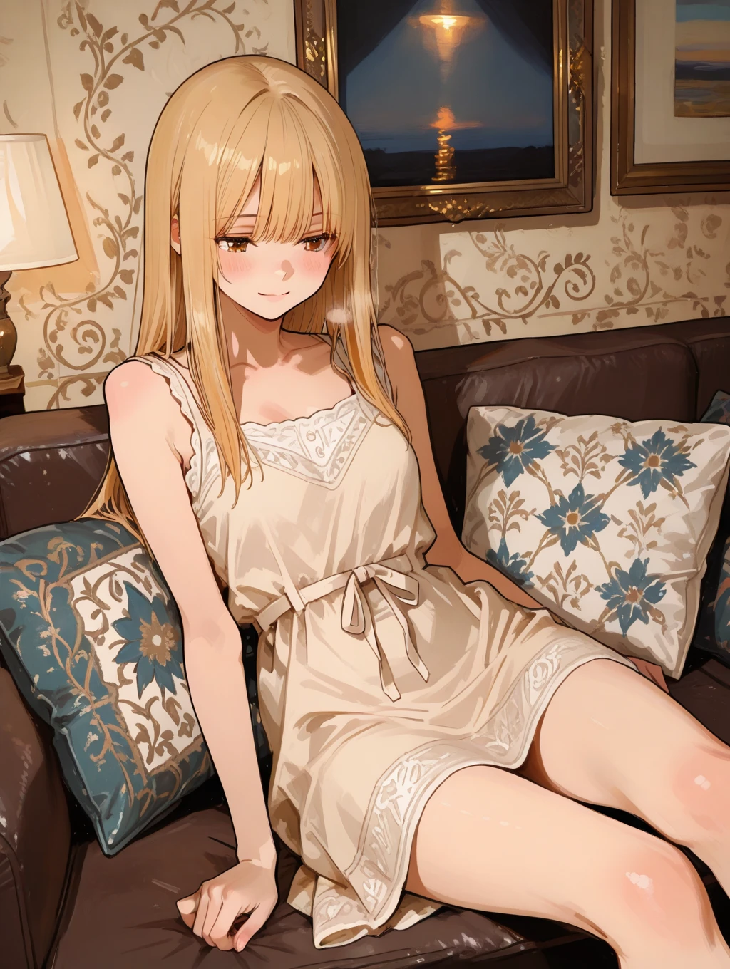 masterpiece, Highest quality, High resolution, Aema, Long Hair, Blonde, Yellow Eyes, A gentle smile、pajamas, Shorts、Thighs、living room, Sitting, sofa