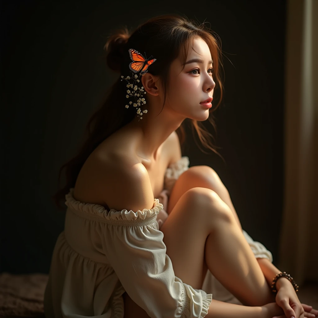 A natural-fantasy style artistic portrait with a soft touch and a warm atmosphere. 
Subject: 
A woman with a soft face and a natural look. Long brown hair, styled in a messy ponytail with a soft texture. 
Adorned with a small wildflower baby's breath flower on her ear. 
Soft makeup: thin cat-eye eyeliner, warm eyeshadow, natural pink lips. 
A calm and slightly dreamy facial expression, her gaze directed towards the camera. 
Wearing: underwear. 
Pose: 
Facing right. Sitting with her body curled into a fetal position. 
Her head is lowered with her left cheek resting against her knee. 
Her face is looking at the camera with her eyes glancing upwards. 
Knees are pulled close to her chest, her hands gently hugging her legs. 
A closed pose, conveying an introspective and secure impression. Slightly slanted shoulders create a soft and elegant body line. 
Additional Elements:
A small, realistic butterfly in pastel and orange tones, gently perched on: 
▪︎Left shoulder 
▪︎Right shoulder 
▪︎Knee 
The butterfly appears lifelike, with detailed, translucent wings and a delicate texture. 
The ear is adorned with a cluster of small baby's breath flowers, giving it a natural and soft, fantasy feel. 
Lighting: 
Warm lighting from the right side creates subtle highlights on her skin and hair. Dark shadows on her sides create dramatic yet natural depth. 
Background:
The background is dark and blurred, with no distracting objects. It creates a strong contrast between the subject and the background, keeping the focus on the face and pose. 
Image Quality:
Ultra-Realistic, 8K, high detail. Skin texture is soft and natural, without over-smoothing. 
Shallow depth of field: sharp face, perfectly blurred background (soft bokeh). Warm color tones with a hint of earthiness. 
Artistic Style: 
A combination of fine-art portraiture and natural fantasy aesthetics. 
The mood is intimate, calm, and full of