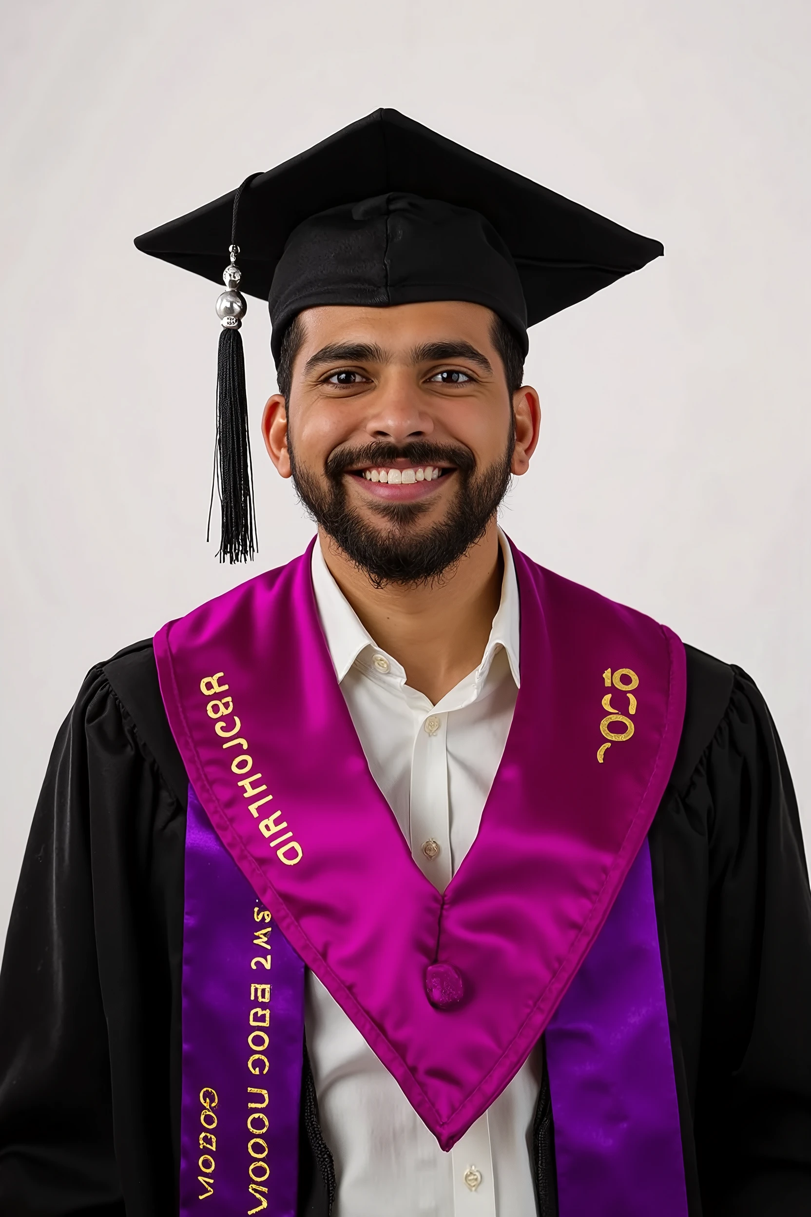 A PERSON WHO IS GRADUATING AND WHO HAS A FUCHSIA V-STOLE ABOVE THEIR CHEST AND WHO HAS A FUCHSIA GRADUATION STOLE ON THE FRONT AND WHO HAS PROMOTION WRITTEN IN GOLD COLOR ON THE RIGHT, AND ON THE LEFT 2025 IN GOLD COLOR, AND ABOVE A SMALL SILVER CAP