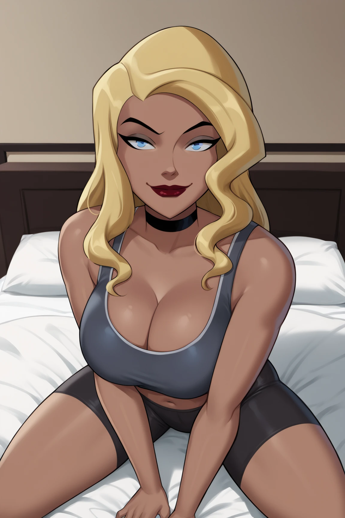 Black_Canary_JLU, ((long blonde hair, glowing blue eyes, lipstick, makeup, narrow waist, skinny, ??????????????, alone)), pelvic curtain, ((black panties, black bra, Blue jacket)), full body, perfect body, (insanely detailed, beautiful detailed face, masterpiece, best quality) , (((solo))), (((1girl))), (((mature))), (extremely detailed 8k paper CG wall unit: 1.1), (bed, bedroom, dusk), (smile face for the viewer), sitting, squating,  looking down, look at the viewer, from below