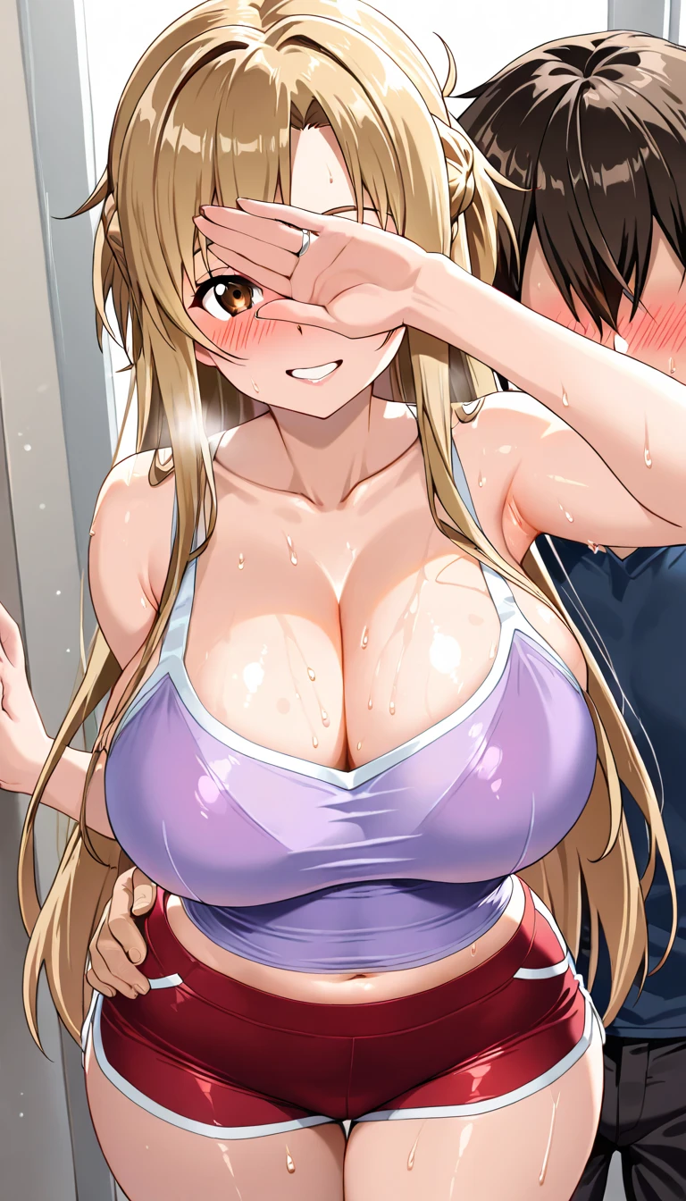 1gyaru,big breasts,superrealistic,boy grabbing her breasts,trembling,blushed and troubled,tanned skin gyaru,crop top shirt,orgasm,at elevator,