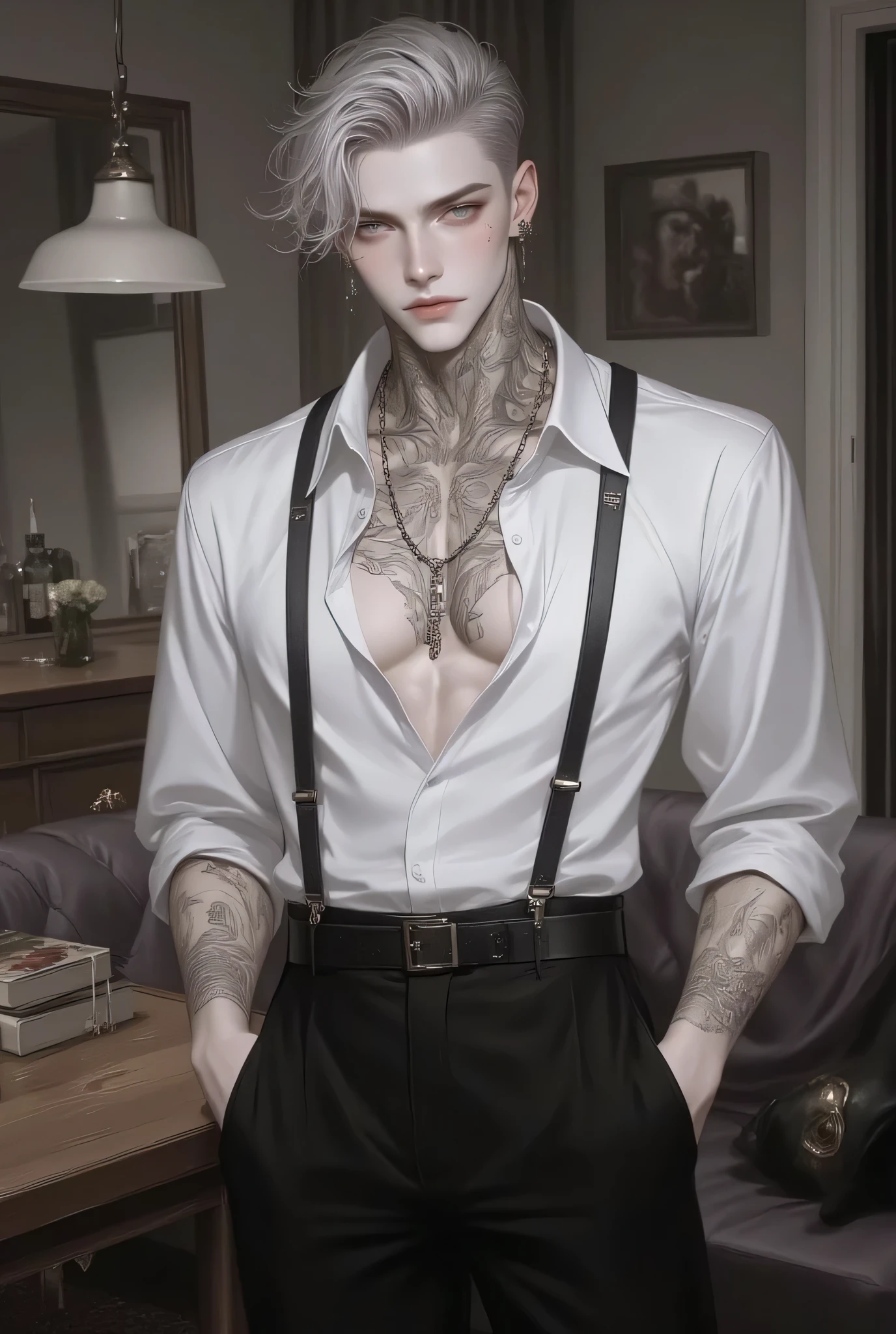 Man 1,About 24 years old, hair neatly styled with sparkles, gray blonde hair,ดวง golden eyes, golden eyes,introduces stylish elements. Hair drifts to one side of the head, , with soft lighting highlighting textures and colors. a prominent person wearing a three-button unbuttoned shirt.,shirt, revealing the zigzag,There is a stylish talisman tattoo character,black trousers fit, accentuating the mafia-like look, elegant standing. . The background consists of a living room,sofa,book,furniture,Softness. The neutral tone, , makes the subject stand out noticeably. . The overall composition uses clean lines and light shading., , gives the image a modern look, Look shiny . subjects, the scene and atmosphere of the picture are stylish., With an emphasis on the body and face,, calming, minimalist environment.