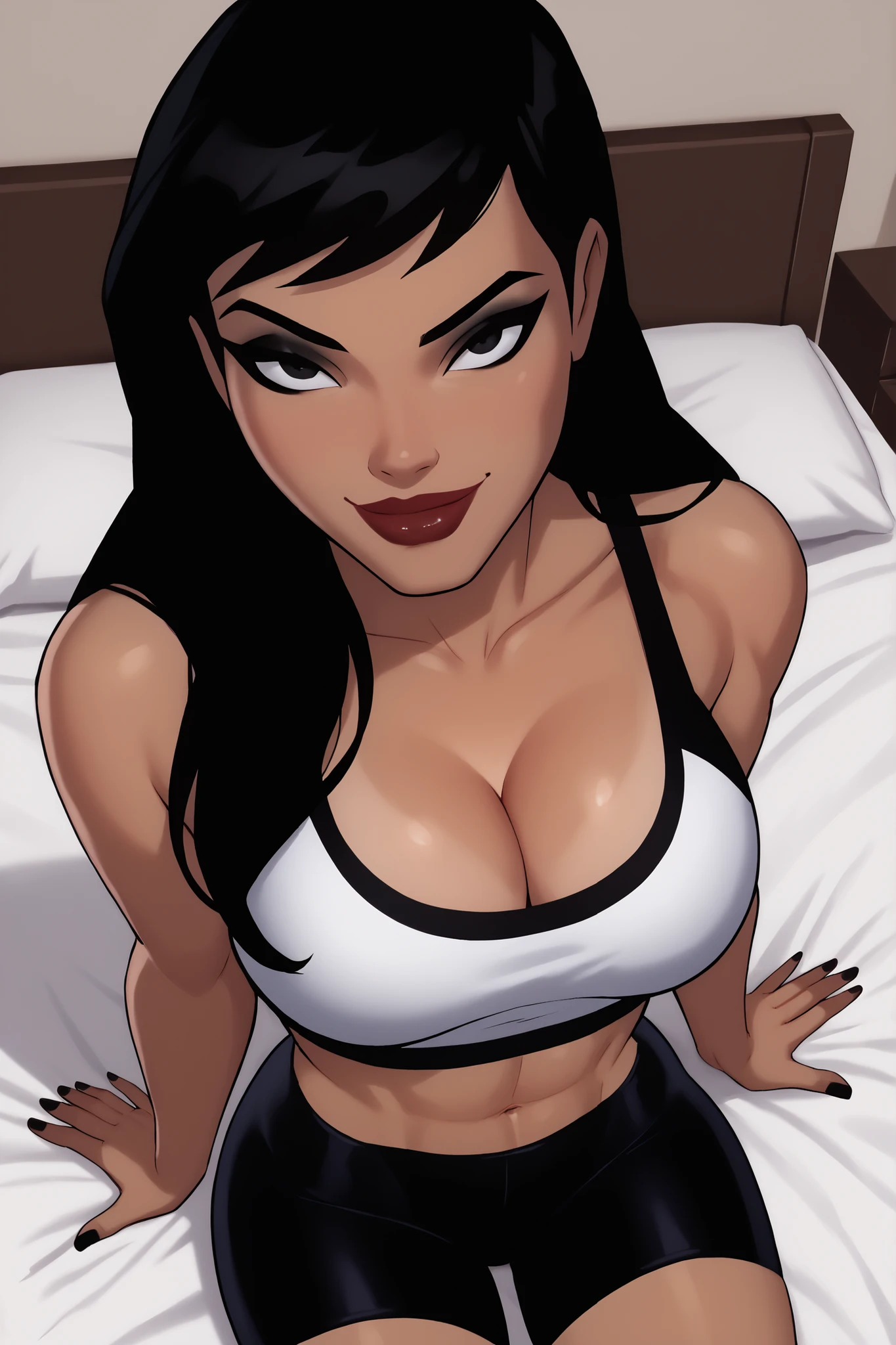 BREAK, score_6_up, score_7_up, score_8_up, score_9, 1girl, solo, Drlight, long hair, black hair, black eyes, lipstick, makeup, dark-skinned female,  , busty, cleavage, curvy, athletic, midriff, looking at viewer, seducing viewer, teasing viewer,  expression, smiling, closed mouth, bedroom eyes, black sports bra, white bike shorts, indoors, bedroom, sitting on bed, closeup, portrait, upper body, high-angle view, black eyeshadow, black eyeliner, black mascara 