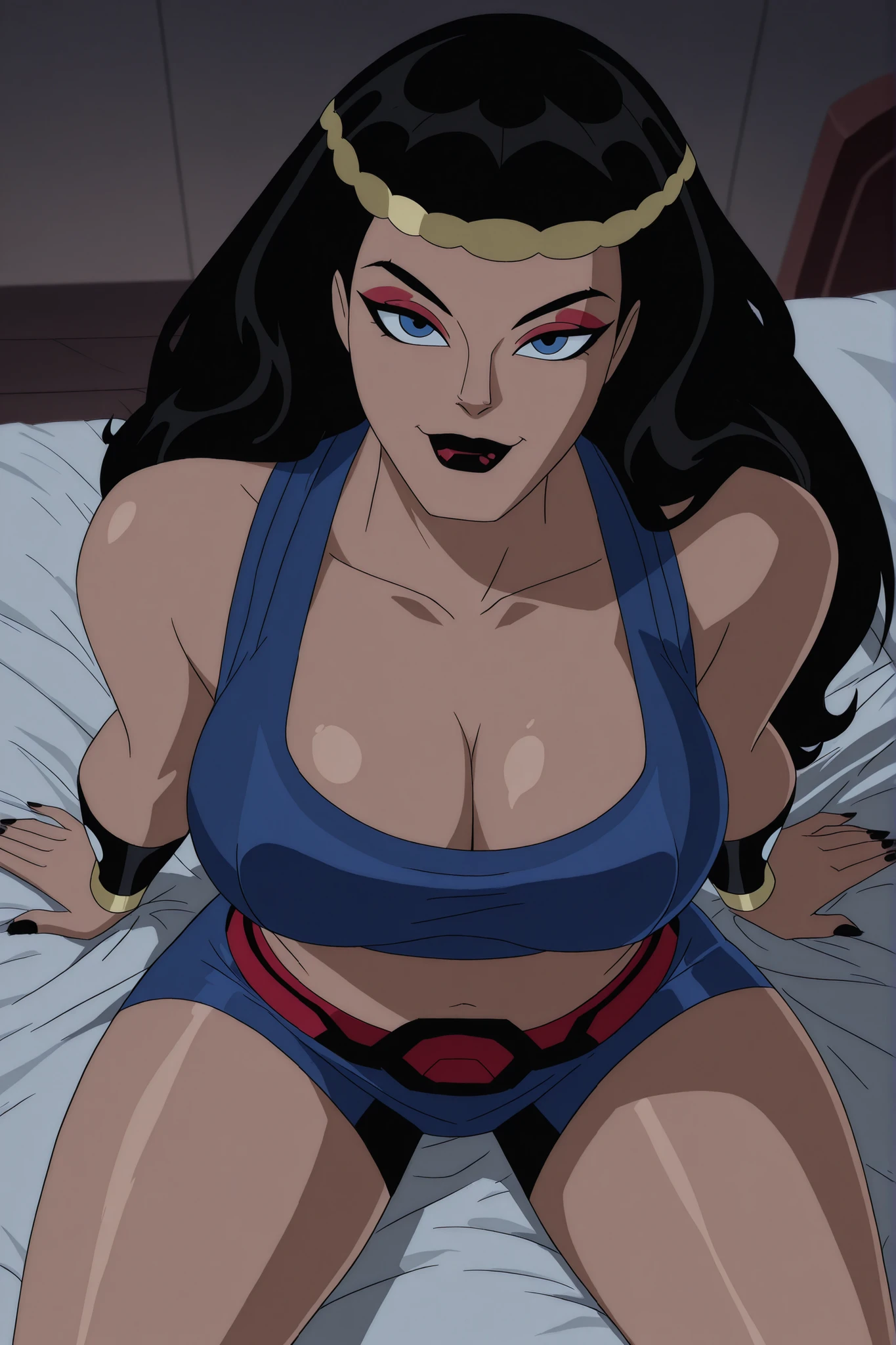 BREAK, score_6_up, score_7_up, score_8_up, score_9, b1gb4rd4, 1girl, solo, long hair, breasts, blue eyes, black hair, jewelry, hairband, dark red lips, lipstick, makeup, black nails, large breasts, busty, cleavage, curvy, athletic, looking at viewer, seducing viewer, teasing viewer, seductive expression, smiling, closed mouth, bedroom eyes, dark blue sports bra, dark blue bike shorts, indoors, bedroom, sitting on bed, closeup, portrait, upper body, high-angle view, dark red eyeshadow, black eyeliner, black mascara