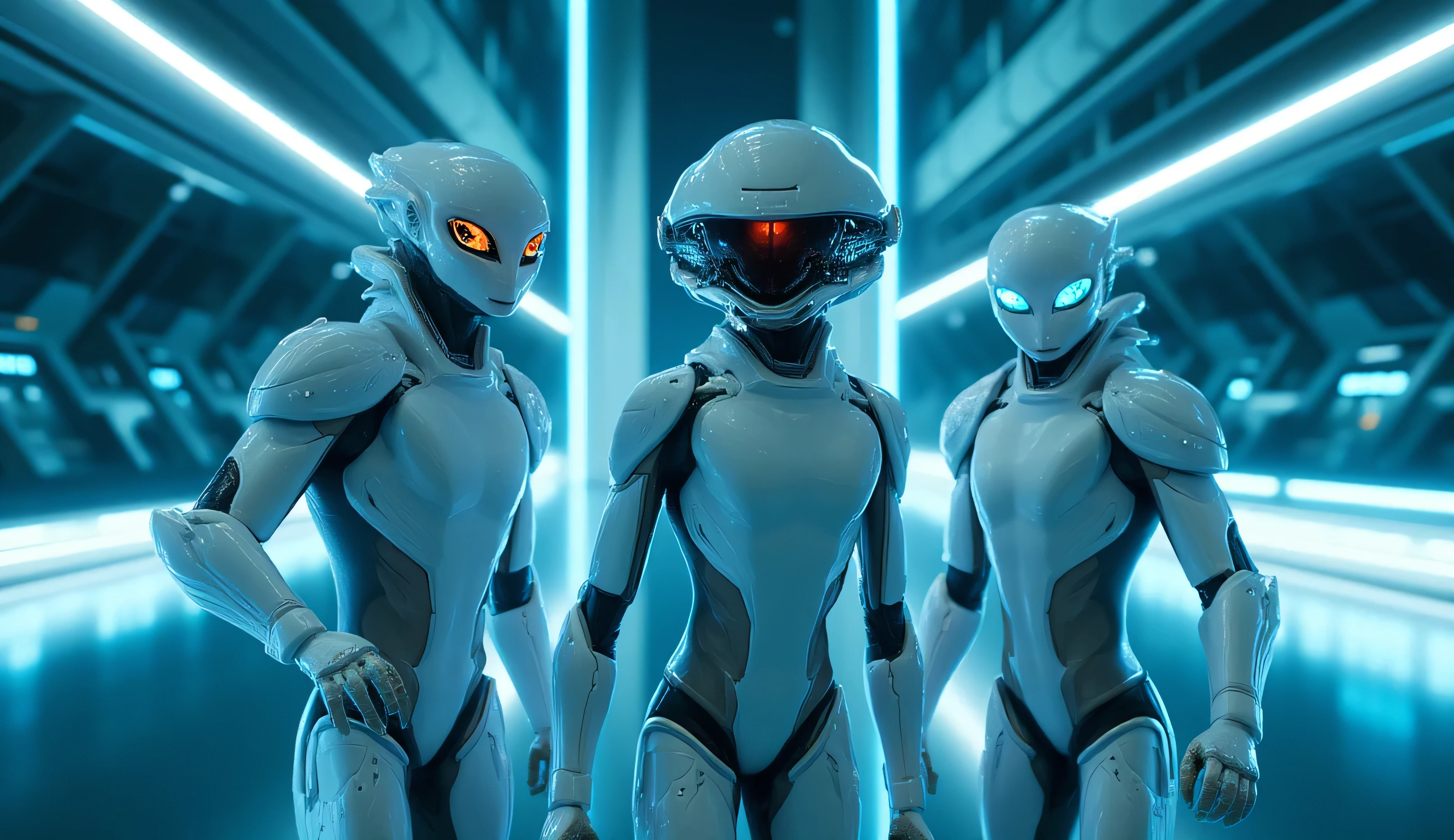 group of three futuristic humanoid aliens, standing together, sleek high-tech environment, illuminated by blue neon lights, smooth white metallic armor, glowing blue accents, expressive LED-style helmets, left alien has a sleek slender design, large glowing teal eyes, the middle alien appears slightly taller, more complex head structure, red-blue illuminated details, right alien has a rounded helmet, blue digital display, carries a small utility bag, cinematic atmosphere, soft reflections on the floor, depth-of-field blur in the background, advanced sci-fi technology, ultra-detailed, hyper-realistic, high contrast, polished sci-fi aesthetic