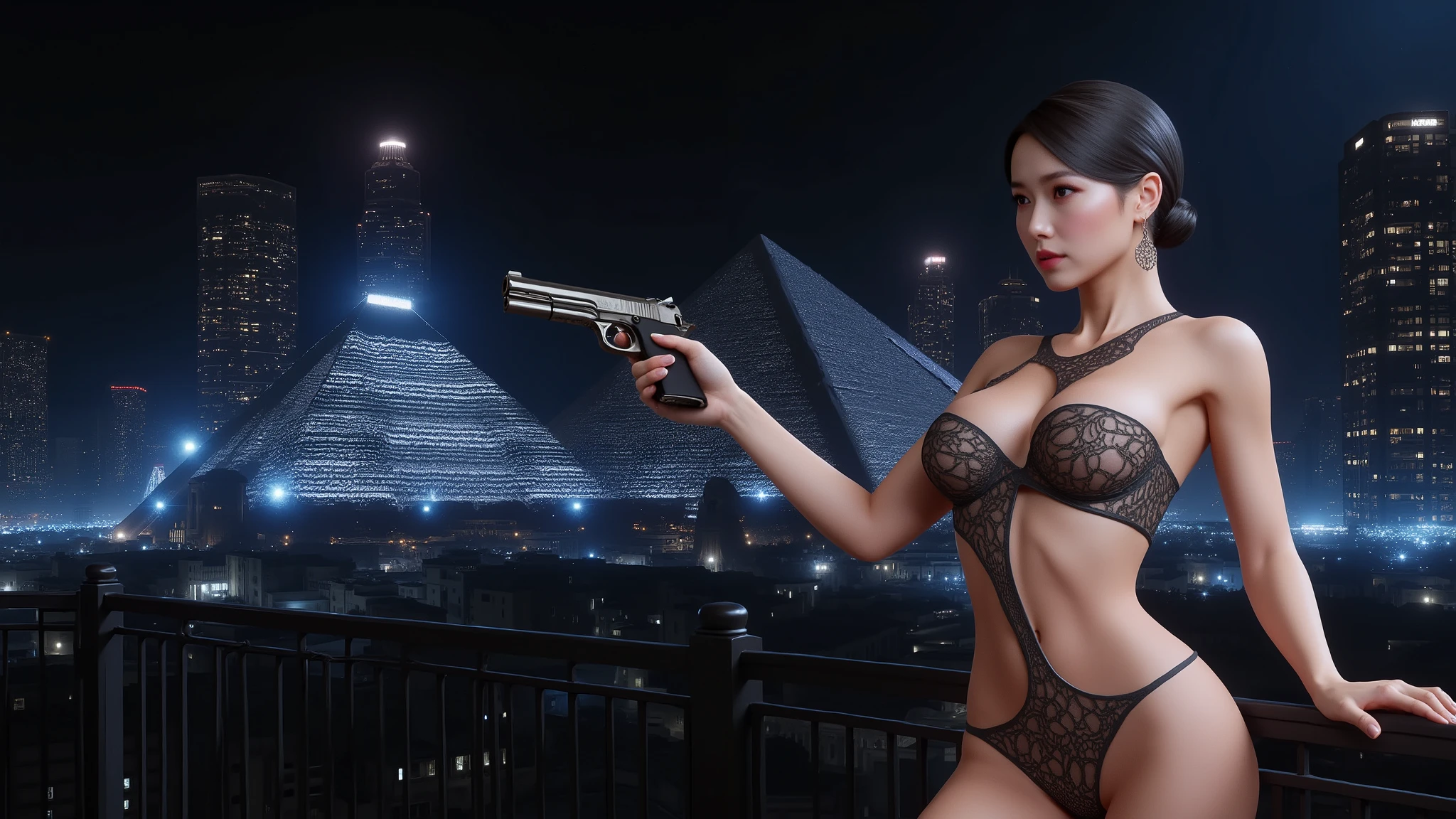 ((photo-realistic)), a sexy large-breast:1.1 Japanese woman, facing camera, cleavage, (((side boob))), hip up, slim face, slim:0.1 body, well-lit face, (((sexy-thigh:1.1, super hot short:0.1 lace transparent dress))), (((aiming with a short:0.1 pistol, balcony))), giant pyramid and sphinx, well-lit:1.2, digital art, concept art, dramatic lighting, neon lights, cinematic composition, blurred background.
