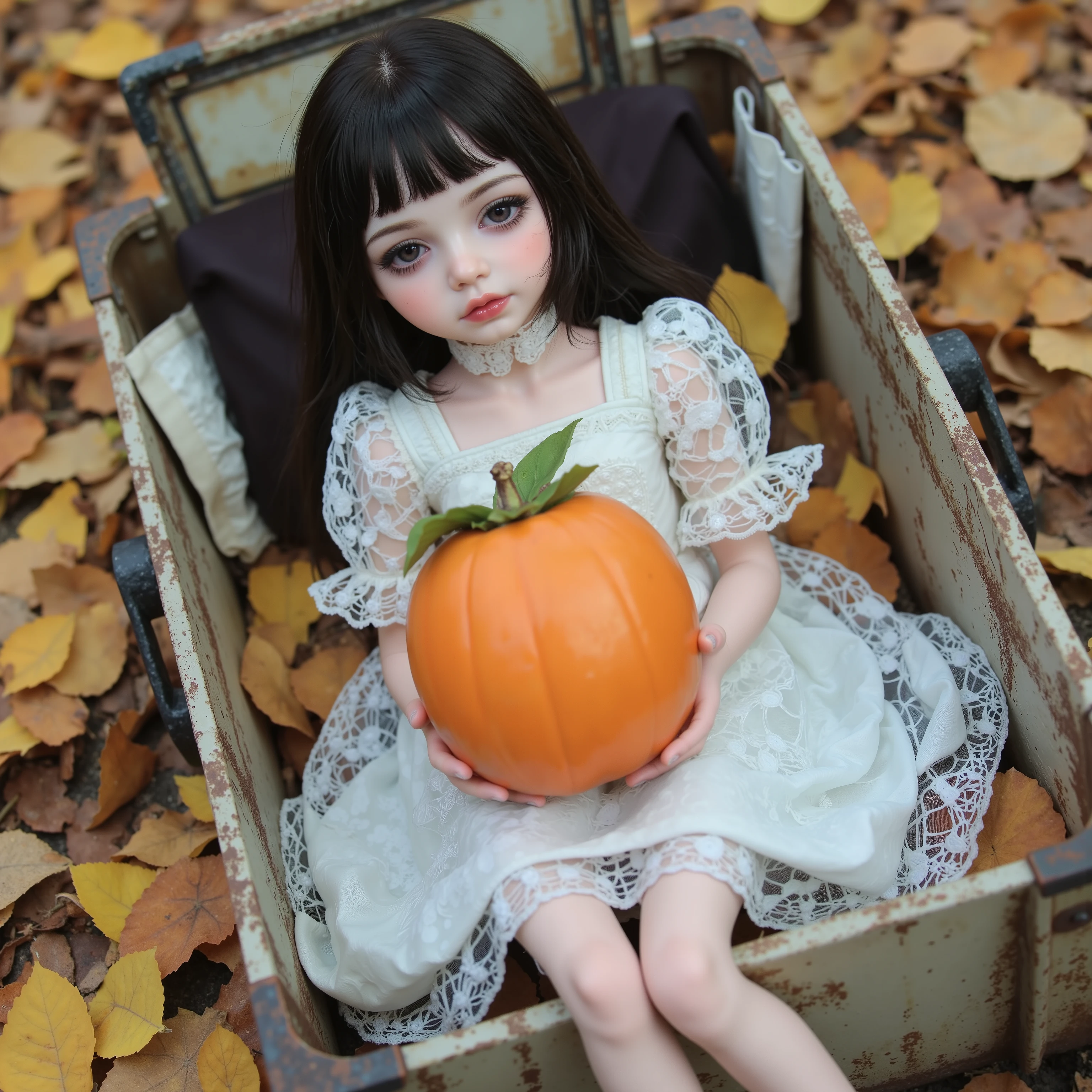(((at SFW))), (Acutance:0.88), ExtremelyDetailed Dumped a beautiful detailed porcelain Little doll, Lying FullBody in FIBC, (Buried in Autumn Fallen Leaves:1.37), exquisite detailed face, soft innocent expression, Elaborate lace knitted red NightWear, (abandoned junkyard), (MagicHour Miracle), ethereal and haunting, TopQuality 8K Ultra-detailed masterpiece, realistic, photorealistic, HDR, gothic, dark fantasy, dramatic colors, Holding a Gigantic HUGE Persimmon Fruit in both hands, Split LeggyPose, Transparency
