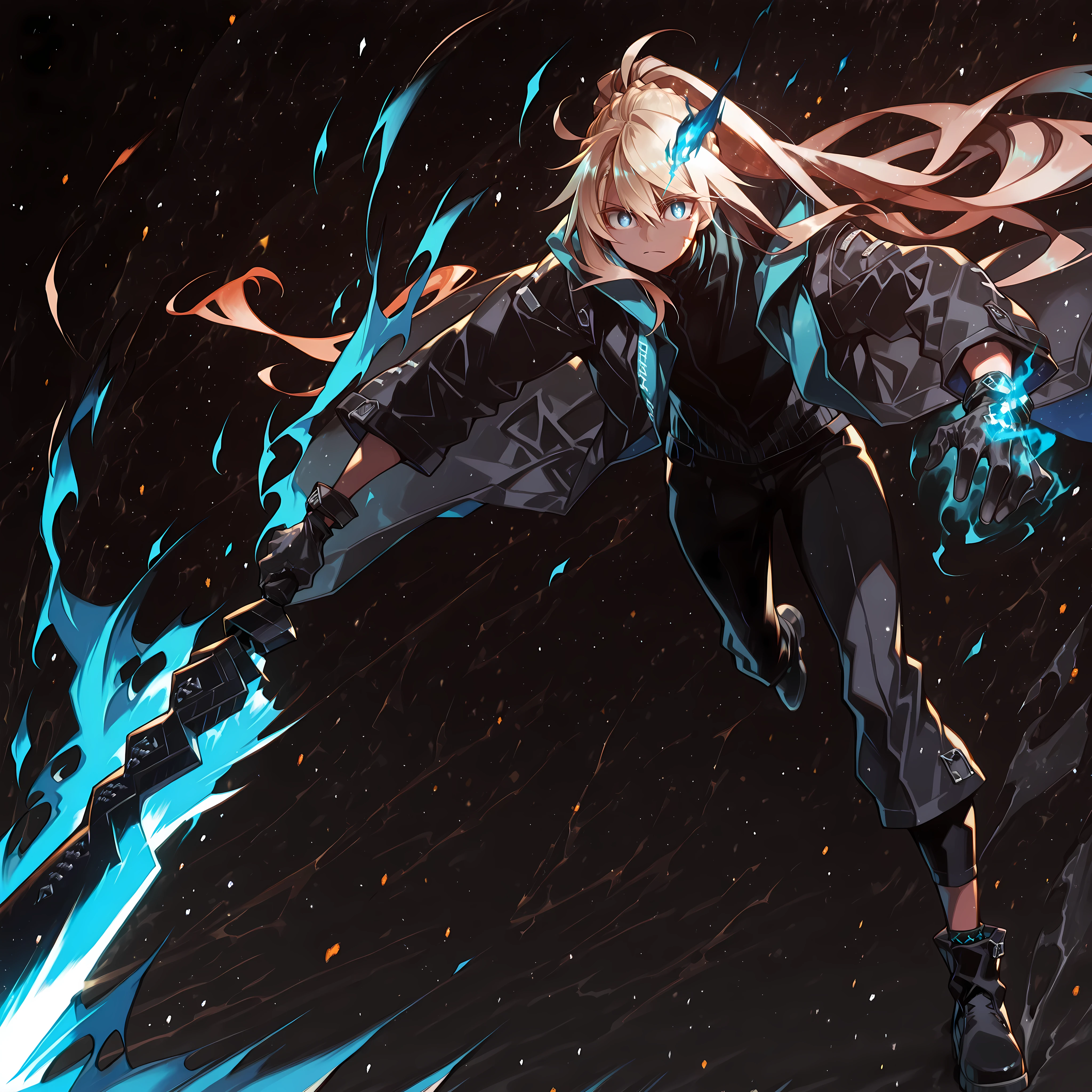 A short and solitary male character, a young teenager about 1.70 meters tall, with a style and aura similar to Amiya from Arknights, but unmistakably masculine.
His face is feminine. His face is feminine.
He has long blonde hair, similar to Artoria Pendragon (Ruler). His hair is styled in the Shikei style and tied into a very long ponytail.
His eyes are visible and bright blue, clearly staring at the viewer. His eyes are bright blue, fully exposed. His eyes are bright blue, fully exposed. His blue eyes are completely visible.
Clothing:
He wears a black turtleneck sweater, black military pants, and black military boots.
Most importantly, he wears a black coat with blue accents, identical in every detail to Amiya’s coat from Arknights — same fabric, cut, blue highlights, length, hood design, zippers, and proportions. The coat fits perfectly, without slipping. Gloves identical to Amiya’s from Arknights.
Pose and Expression:
Black background, attacking stance, body of a young male teenager. Dynamic motion pose: one leg forward, torso slightly twisted, coat and ponytail flowing.
He conjures a large blue flame in one hand while holding an enormous black greatsword with a bright blue blade in the other. The colossal sword looks like stone, cracked, releasing energy from the fractures. The blade is blue. The blade is blue. The blade is blue. The blade is blue. He controls a bright blue flame in his free hand. He controls a bright blue flame in his free hand.
Atmosphere and Style:
Youthful energy. Ultra-detailed, sharp, clean anime style. Deep black background with cinematic lighting emphasizing his short stature and powerful aura. Perfect image, perfect face, perfect eyes, hair styled in Shikei style.
The character is a boy. Male , male , male , male .