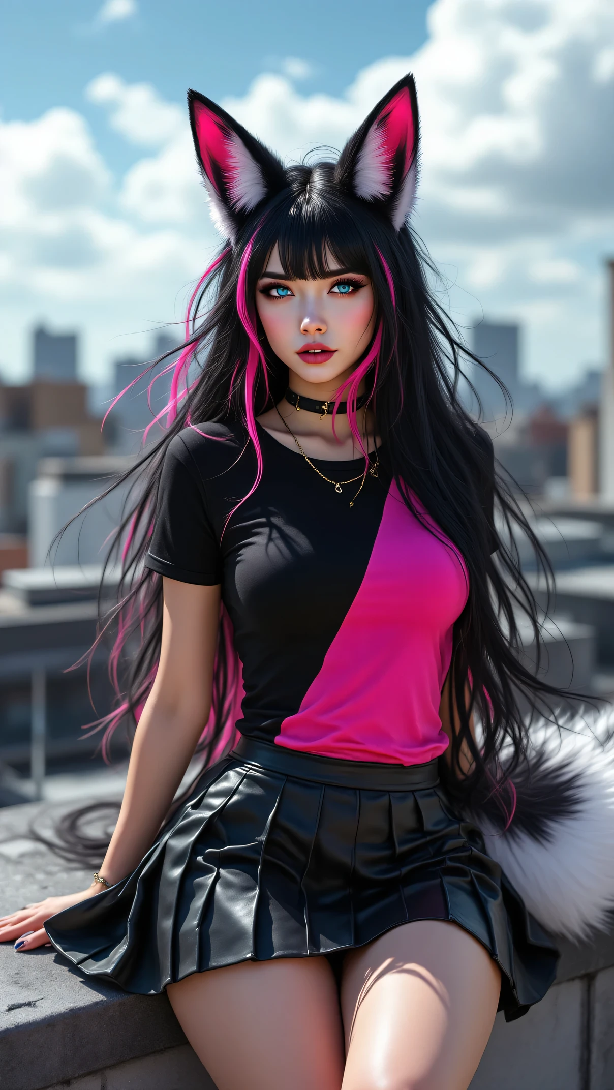 Ultra HD, belle femme, with long black hair, with pink locks, with pretty black and white fox ears, with pretty blue eyes, with a pretty black and white fox tail, porte un t-shirt noir et rose fluor, with a pleated black leather mini skirt, On the roof of a building, avec un beau temps.