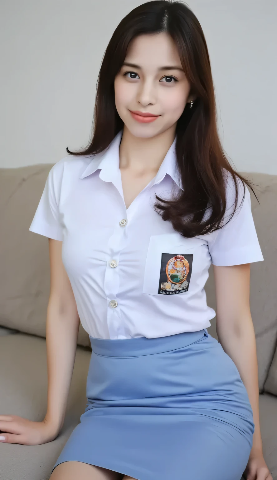 A beautiful woman sitting on the living room sofa,Indonesian School Uniform short sleeve bahan satin, long pencil skirt in satin material light blue color, rok ketat, professional portrait photography, pencahayaan alami, bayangan lembut, mode urban, gaya sederhana, resolusi 8k, detail tinggi, payudara besar, rambut model belah samping