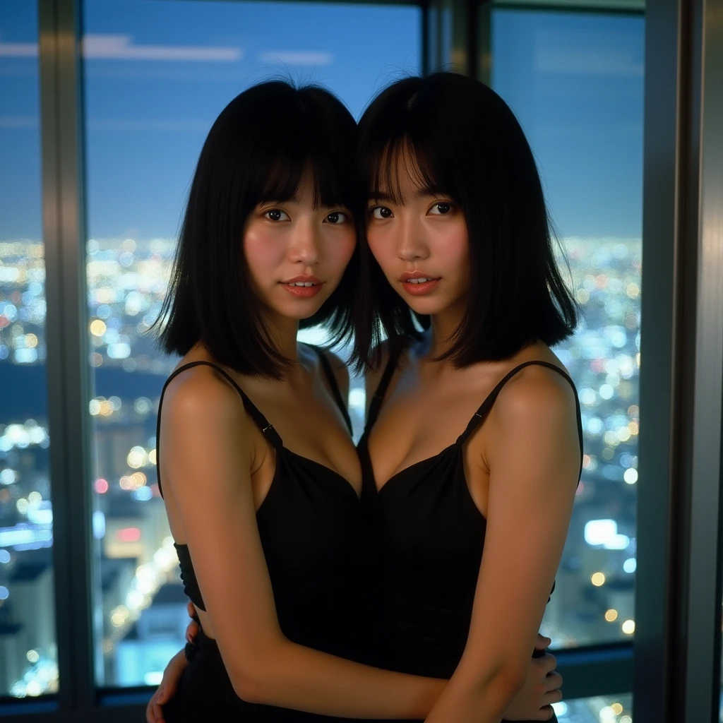 12 years old, look at the audience, genuine, identical twin sisters, small face, , cowboy shot, (Fisheye), small and dirty room, cotton , Japan's old red-light district, ((()), ((night)),