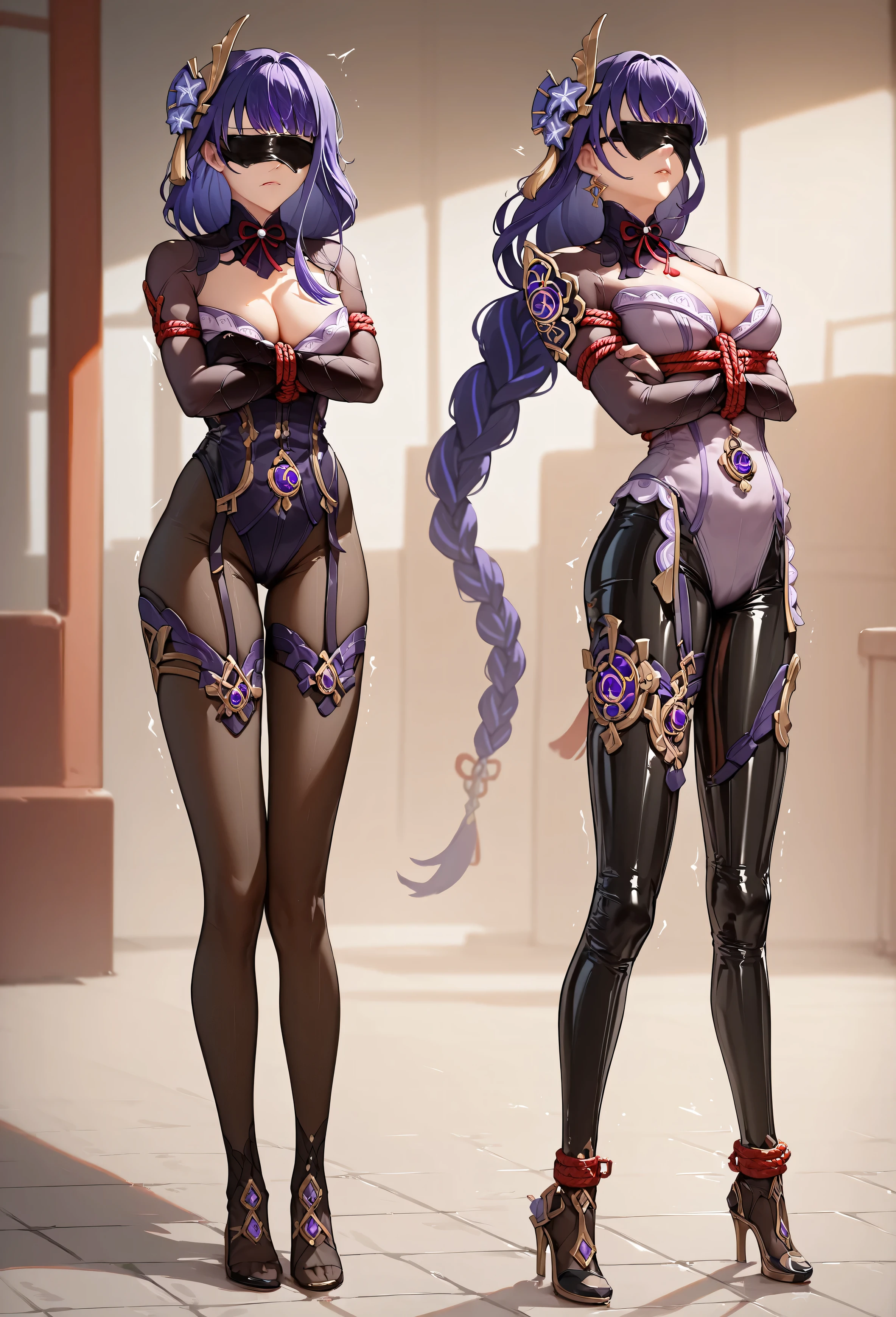 2 girl, Navia (Genshi impact), Raiden Shogun (genshin impact), latex suit, crossed arms, Trembling bodies, Hidden fingers, bondage equipment , mordacity (red ball), full body suit, restrictive suit, sale.