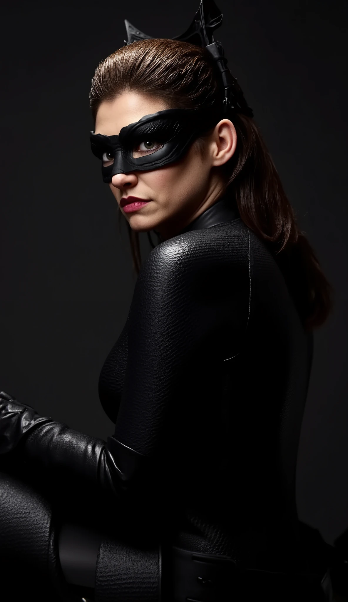 A realistic Lauren Cohan as Catwoman, portrait shot with her black bodysuit outfit and pale skin dramatically illuminated. Cinematic color grading, achieving a photographic realism.