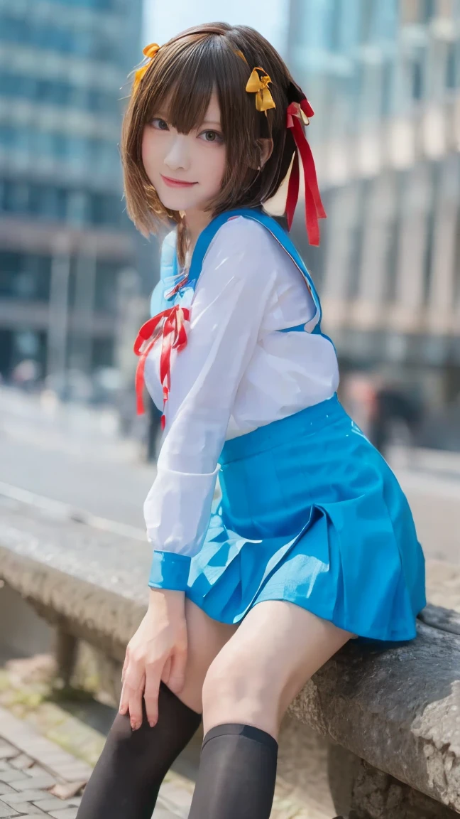 (alone:1.5),Light brown short-cut hair、Big Breasts:1.5、looking at the camera、A big smile、((((whole body))))、Top image quality、超A high resolution、(photographrealistic:1.4)、 AccentLighting, 8K, japanese, (Beautiful face: 1.1),(50 years old:1.3)、(photorealistic photos:1.2)、At 8K、haruhi_surfing, white long sleeve shirt and blue collar,  skirt,blue skirt, red tie, yellow ribbon, pretty girl, spread your legs, show white , roadside