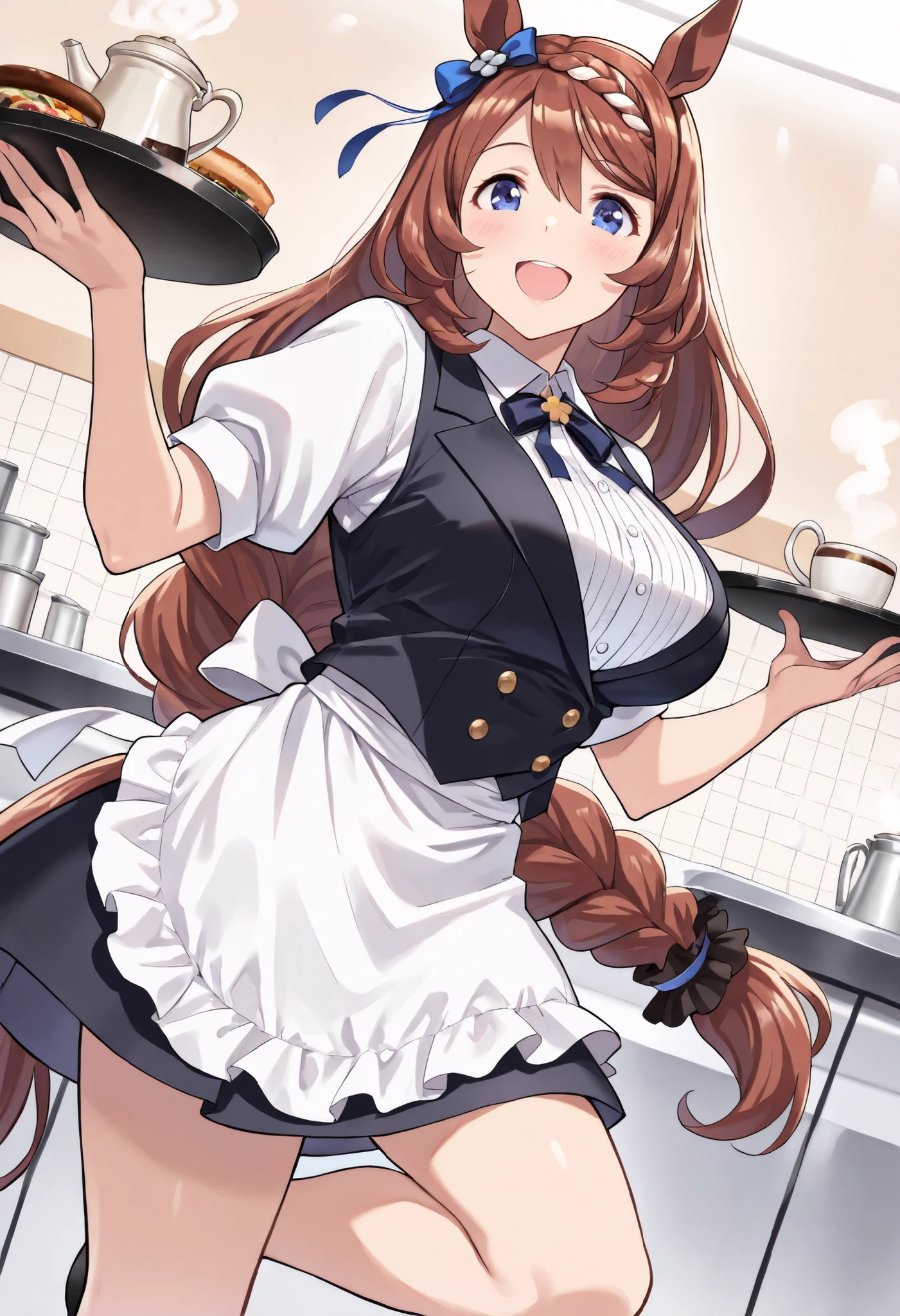 (masterpiece, best quality, perfect face:1.4), wide angle, super creek \(umamusume\), horse ears, ear ornament, horse tail, tail on the lower back, proportional body, proportional, beautiful hair, beautiful face, beautiful detailed eyes, beautiful clavicle, beautiful body, beautiful chest, beautiful thigh, beautiful legs, beautiful fingers, looking at viewer, BREAK, she wears formal attire including a white shirt, black vest, and apron, hopping, running pose, hair flaps, Her figure running with grace and poise, BREAK, The waiter displays a polite and attentive expression, she carries a waiter's tray with coffee cups and a coffee pot, steam, A scene where the cafe owner delivers freshly brewed coffee via food delivery, BREAK, ecstatic expression, Ergonomically Correct Body, textured skin, realistic skin, HDR, BREAK, (perfect hands, perfect anatomy),
