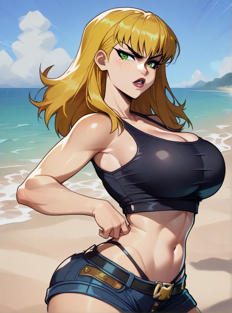 Unparalleled masterpiece, ultra realistic 8k CG, Perfect artwork, (1girl:1.1), alone, ((perfect female figure)), Looking at Viewer, Mature woman, best quality:1.1, Sexy pose, , (Curvy body ), (thick), blonde hair, (green eyes: 1.2), shapely legs, (Abs: 1.1), (big butt: 1.4), peach ass, (athletic body: 1.2), (full breasts: 1.3, ( big_breasts: 1.1), wide hips: 1.5, narrow waist, thin waist: 1.5, slim body: 1.2, thick thighs: 1.bright he: 1.2), (HDR), (street: 1.2), ((purple bikini  )), ((Beach))