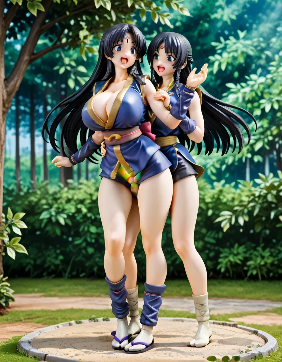 1mujer i 1 chico, The woman adelante i el hombre atrás de The woman iel chico ,, long hair , black hair, eyes blues, braid , huge breasts and big hips, ninja, sleeveless, Obi , love, shorts, Arm Warmers , leg wrap, tabi, beautiful, looking at the spectator, happy ,Open mouth el chico , black hair , hair, , eyes, blues, NAKED , her giant long and thick penis, el chico mete su pene en la vagina de The woman , vaginal penetration , outdoor,